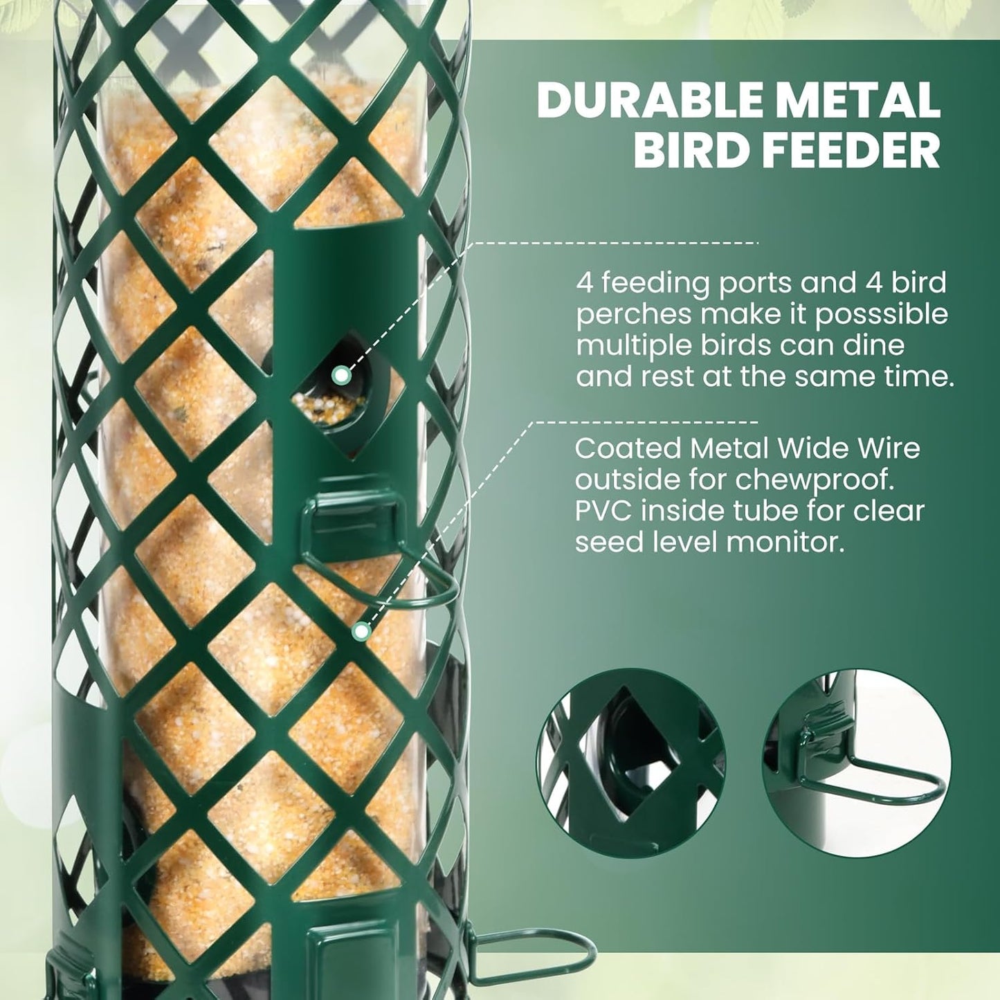 Squirrel Proof Bird Feeder for Outdoors, Weight-Activated Metal Hanging Bird Feeder, 3LB Large Capacity Wild Bird Feeder with Drainage Holes for Garden Patio Yard, Green