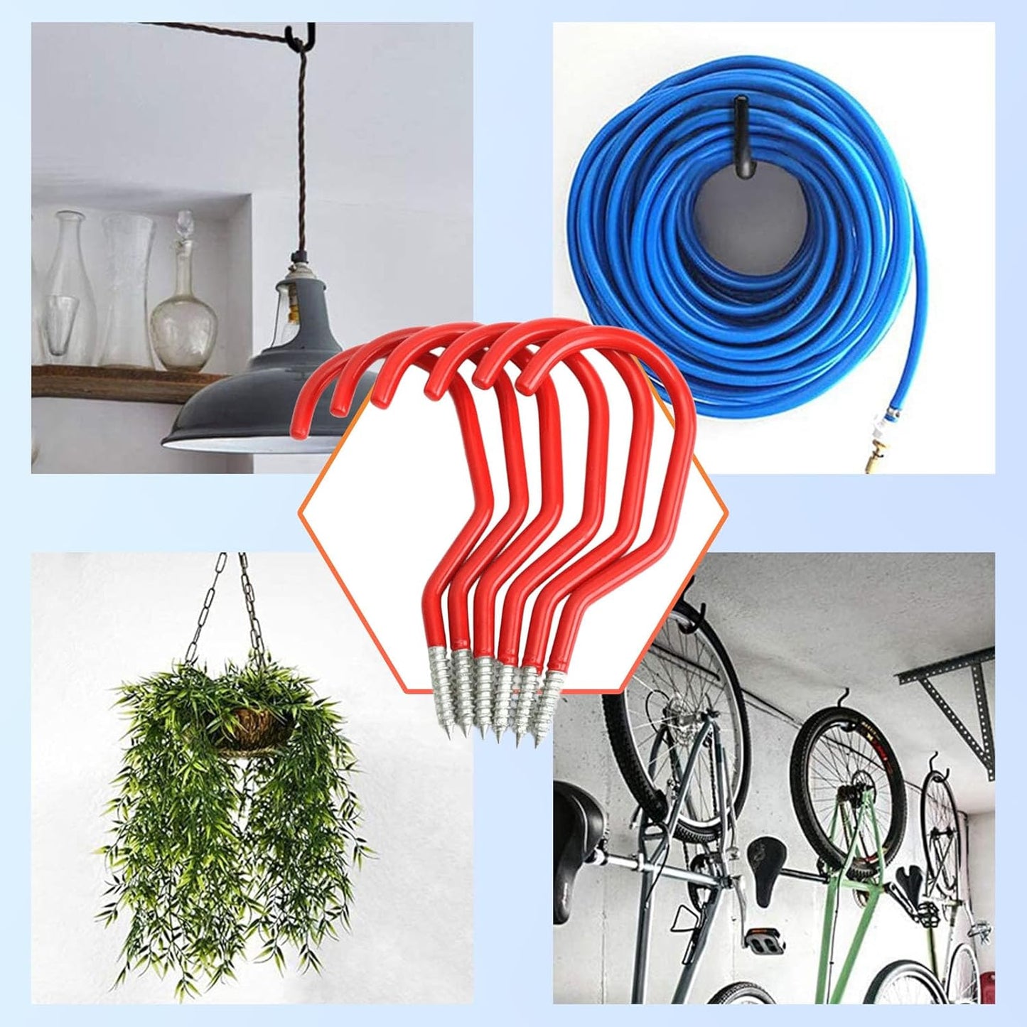 Heavy Duty Bike Hooks for Garage Ceiling - 6-Pack (Red) Storage Hooks 