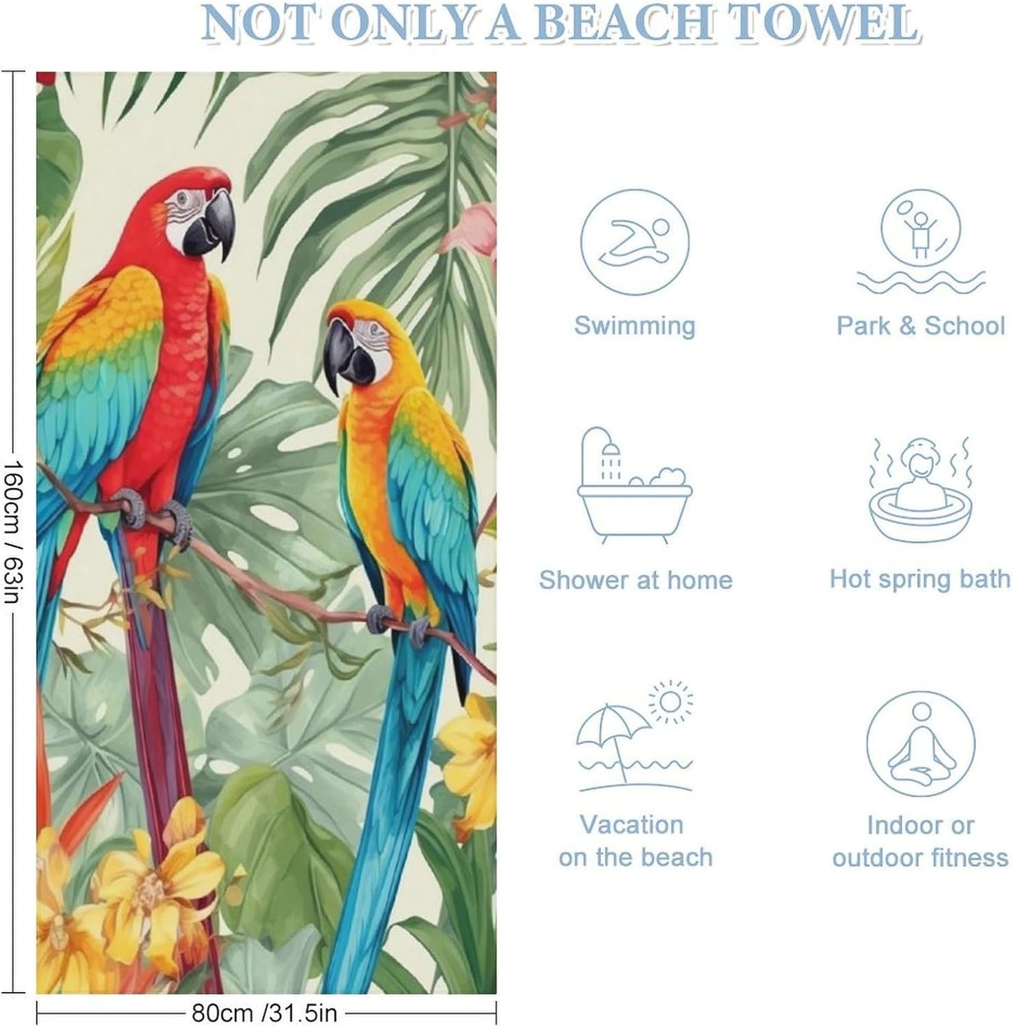 Oversized Beach Towel 63x32 Inch Sand Resistant Thin Microfiber Tropical Plants And Parrots Bath Towels for Body Absorbent Quick Dry Lightweight Travel Towel for Pool Yoga Swim Camping Adults Gift