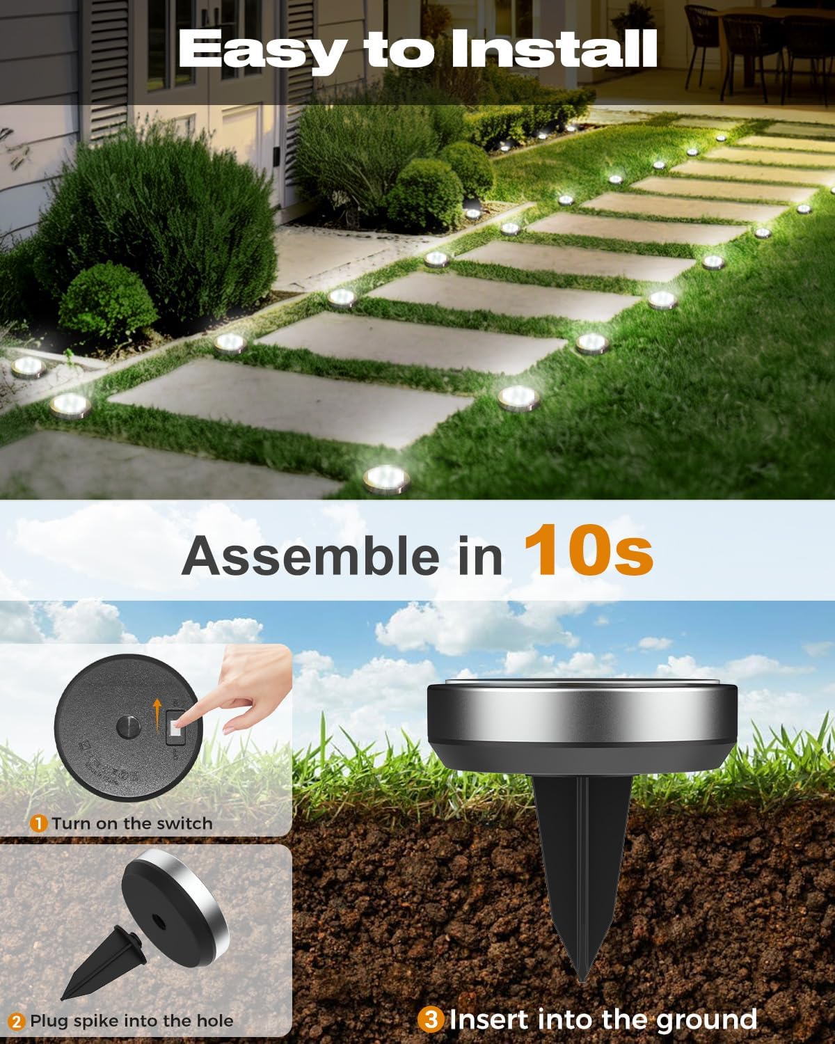 btfarm 16 Pack Solar Lights Outdoor, 8 LED Solar Ground Lights IP65 Wa