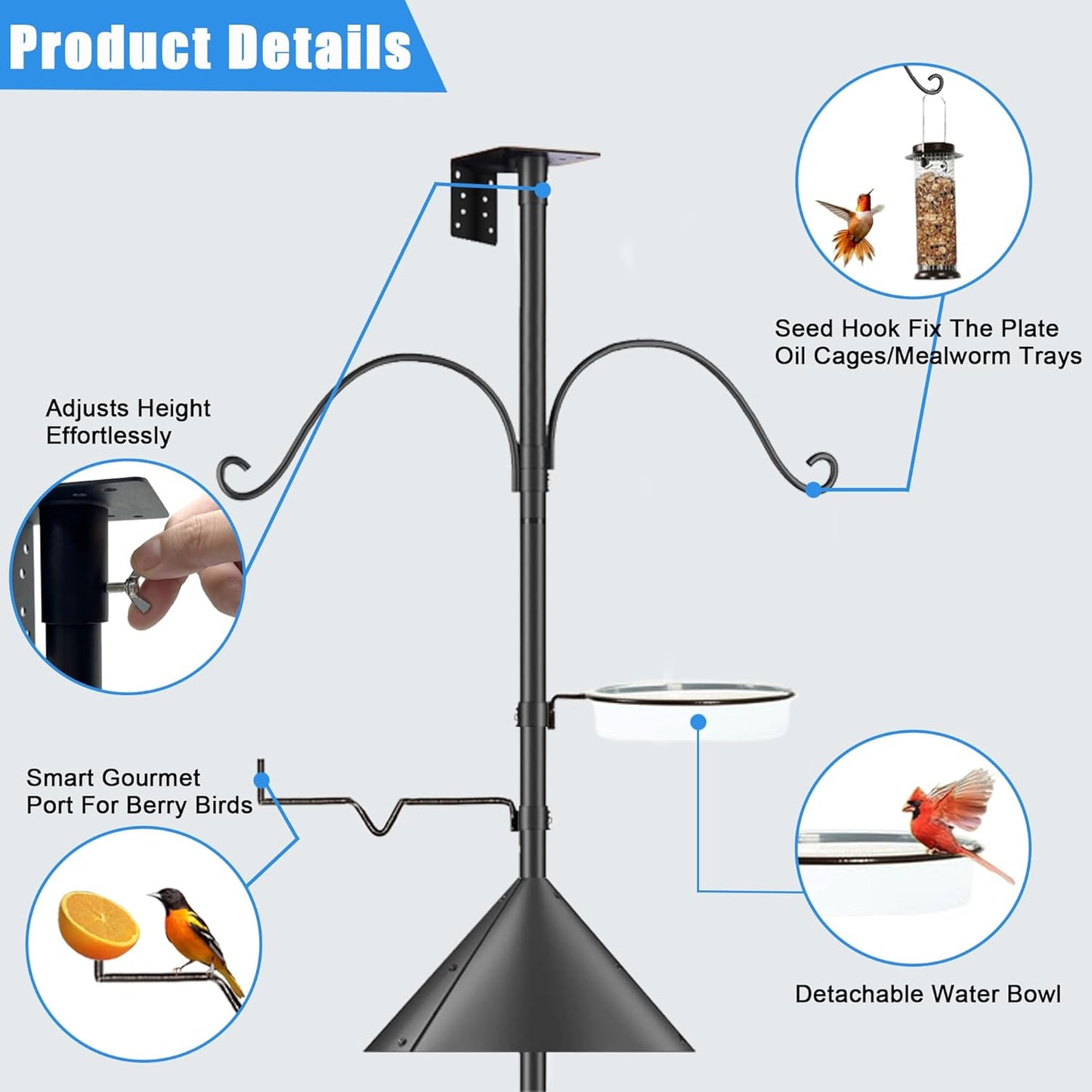 Bird Feeder Pole Squirrel-Proof, 93 Inch Heavy Duty Bluebird House Pole Kit for Outdoor Garden, Feeder Stand Adjustable with 5-Prongs Base for Hanging Plants, Bird Feeders (Shape 1)