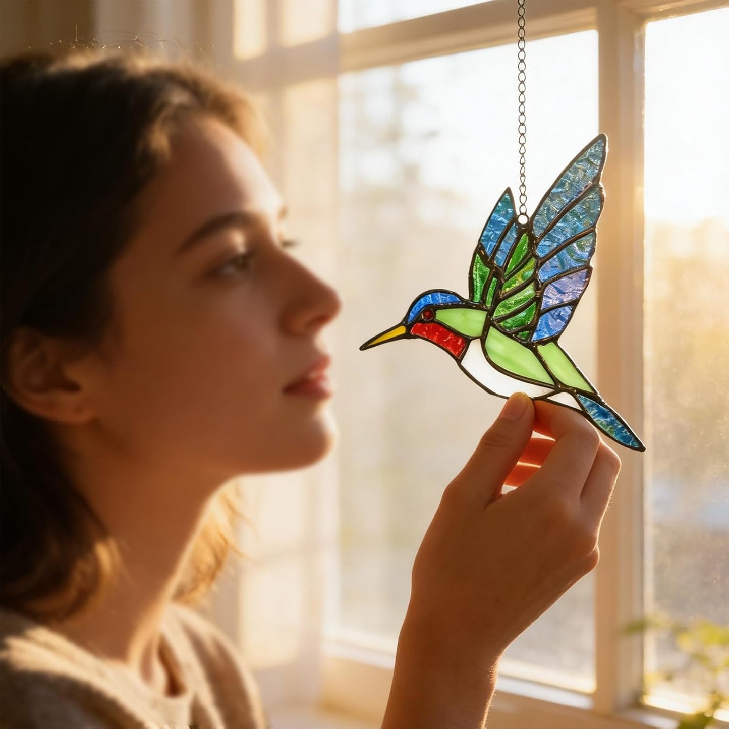 Hummingbird Stained Glass Suncatcher for Window Hanging Handmade Color