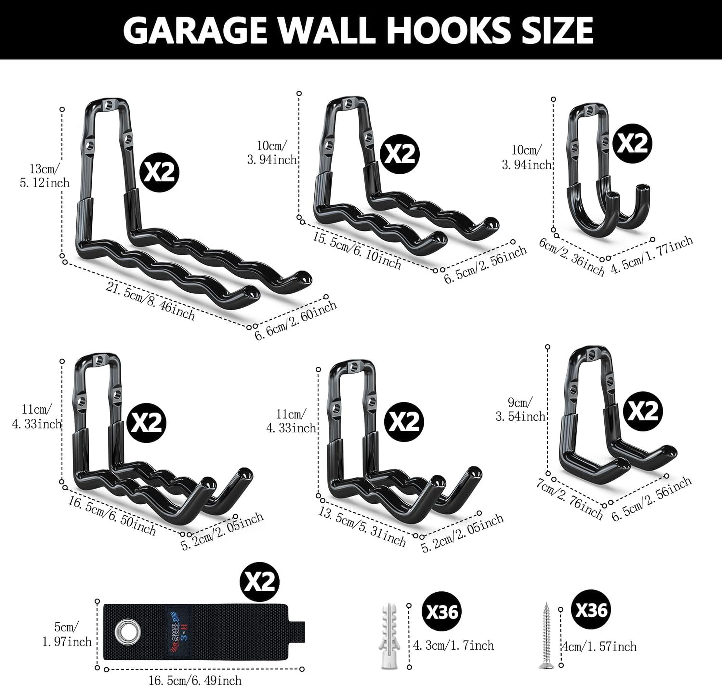 3-H Super Heavy Duty Garage Hooks 14 Pack, One-Piece Construction Garage Wall Hooks, Garage Hanger & Organizer Wall Mount for Ladders, Bikes, Chairs, WeedEaters, Shovels, Garden Tools (Black)