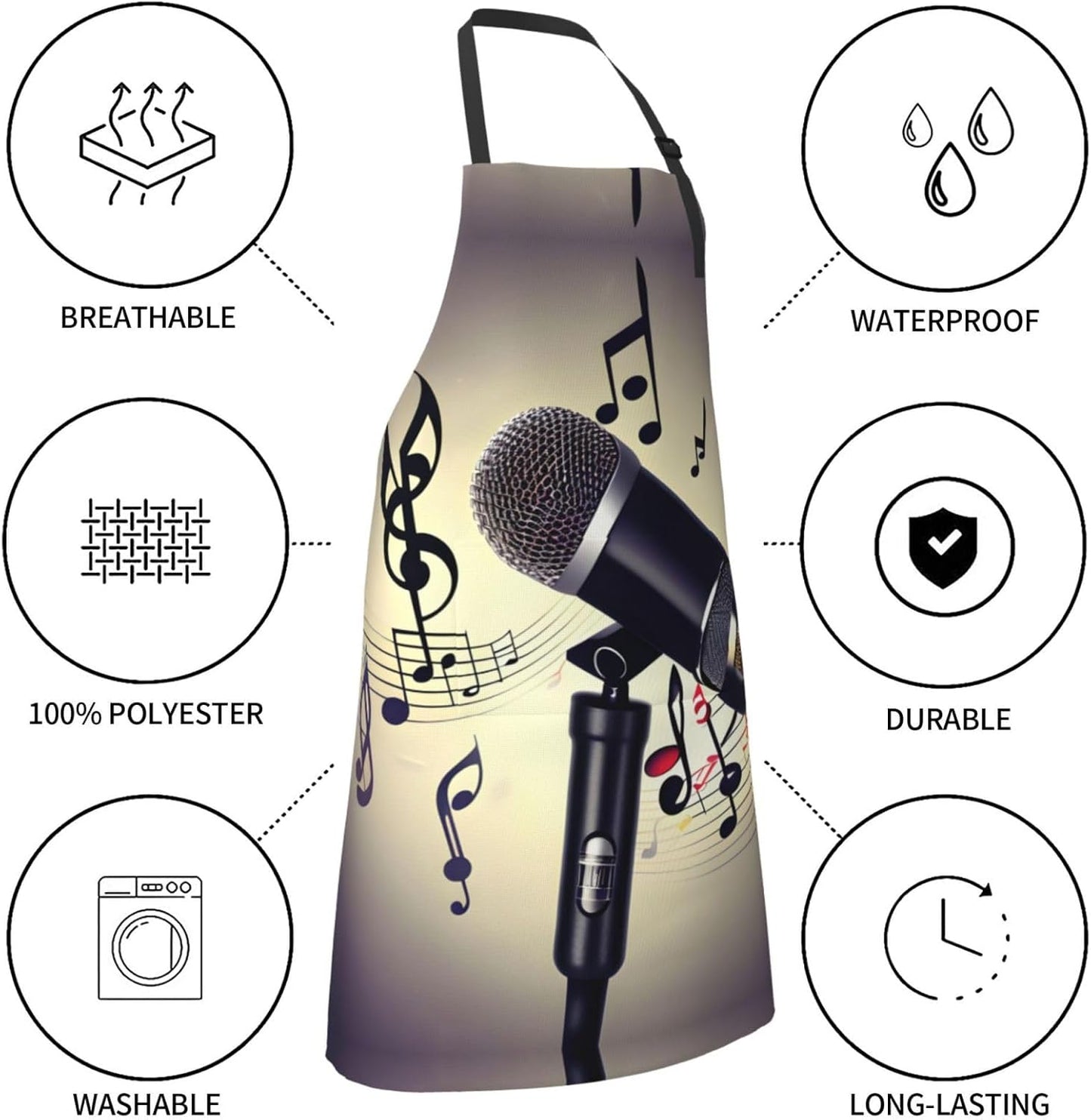 Microphone with Music Note print Waterproof apron with pocket adjustable cooking apron for adult kitchen bibs to bake