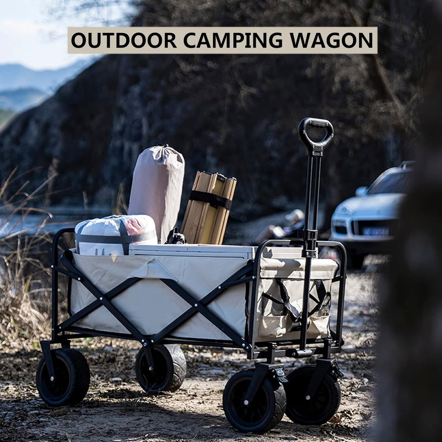 Heavy Duty Collapsible Folding Wagon - All-Terrain Utility Garden Trolley Cart for Camping, Fishing, Beach, and Grocery Shopping - Portable Outdoor Cart, Brown