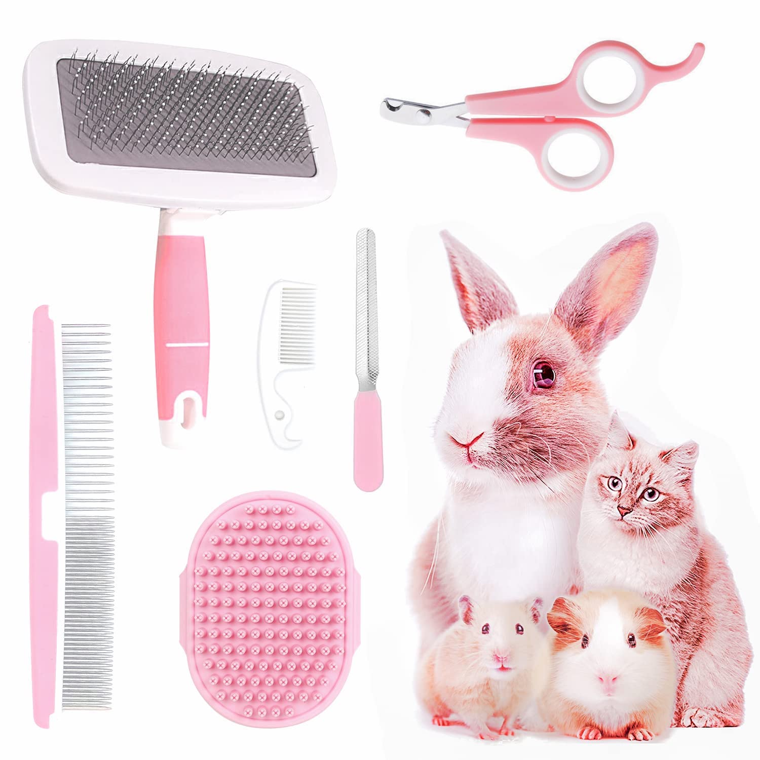 Small Animal Pet Grooming Kit with Pet Shedding Slicker Brush, Bath Ma
