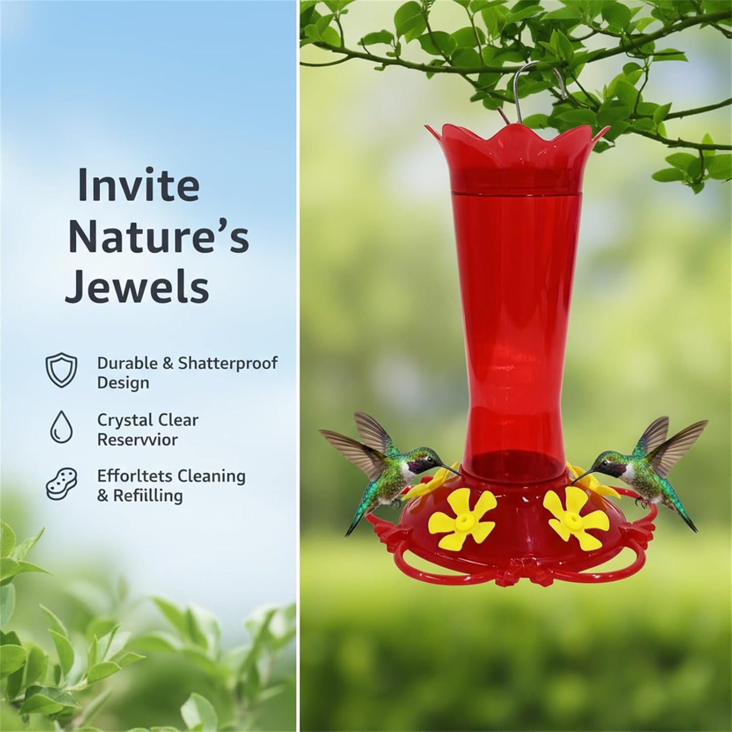 2Pcs Hummingbird Feeders for Outdoors - 5-Flower-Shaped Feeding Ports 13.50 oz Red Hanging Plastic Humming Bird Feeder with Built-in Ant Moat, Perches for Outside Garden Yard Decorative