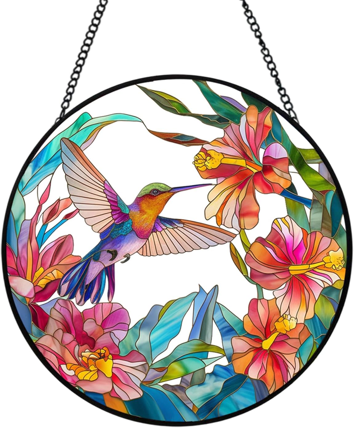 Hummingbird Stained Glass Suncatcher - 7.87" Real Glass Window Hanging with Metal Chain, for Indoor Outdoor Home Garden, Gift for Bird Lovers