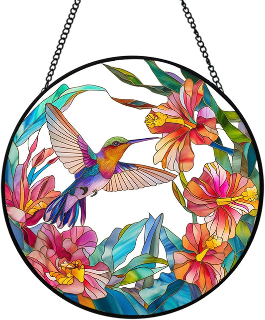 Hummingbird Stained Glass Suncatcher - 7.87" Real Glass Window Hanging with Metal Chain, for Indoor Outdoor Home Garden, Gift for Bird Lovers