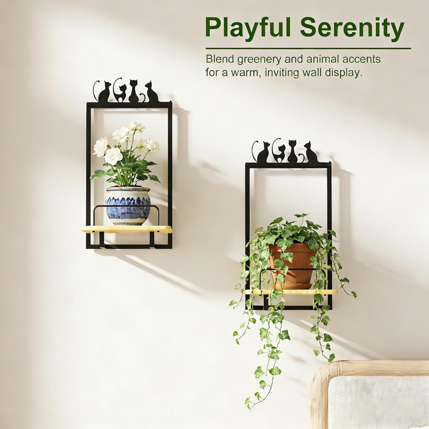 Shineled Wall Planter for Indoor Plants 2PK, Floating Wall Shelf with Oak Wood, Magnetic Animal Wall Plant Holder, Decorative Plant Wall Shelf Home Decor (CAT)