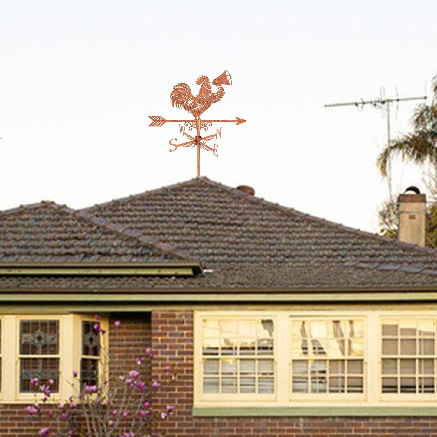 SUPERDANT Rooster Trumpet Weather Vane Animal Wind Vanes for Yard Metal Weathervane Roof Mount for Gardens Outside Reddish Copper Weathervanes Farmhouse Farm Barn Sheds Patio Decorations