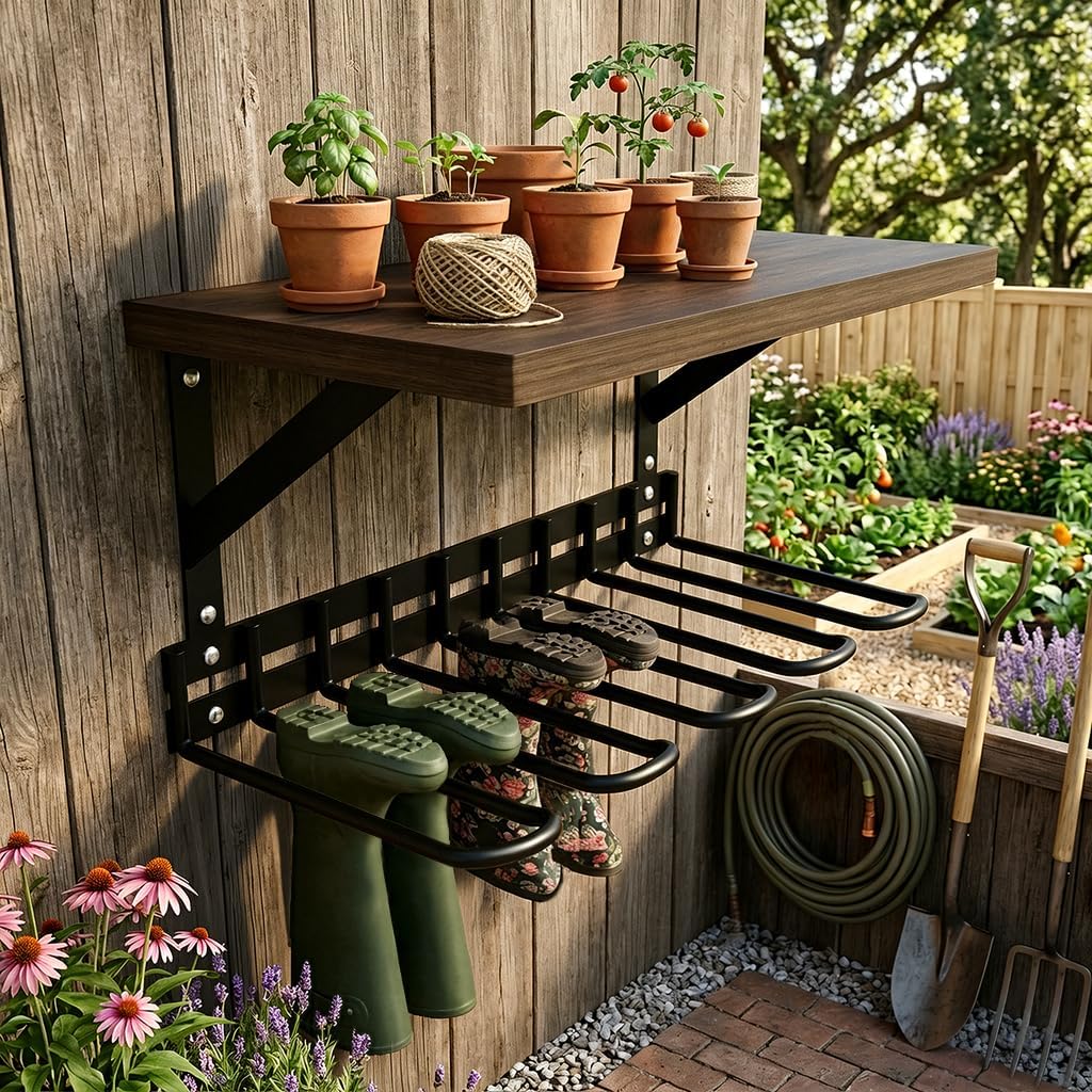 Decoroca Garden Tool Organizer With Shelf, Wall Mount Garage Tool&Boot Rack With 5 Curved hooks, Heavy Duty Wader Boot Hangers Storage Rack for Outdoor/Indoor,Garden,Garage
