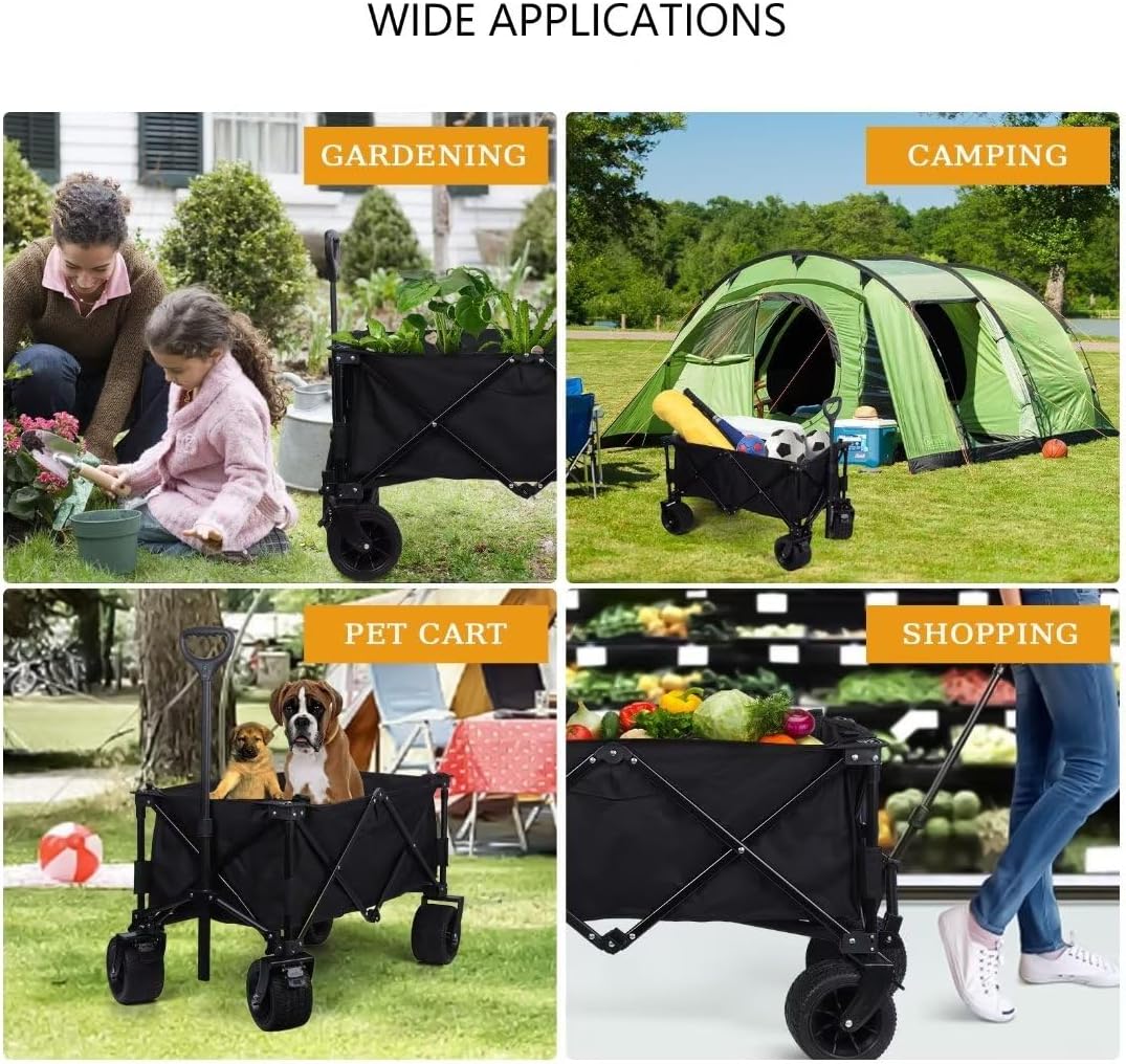 Collapsible Wagon Cart with Heavy Duty All Terrain Wheels,Foldable Garden Cart Utility Wagon with Adjustable Handle for Sports, Shopping, Camping,Black