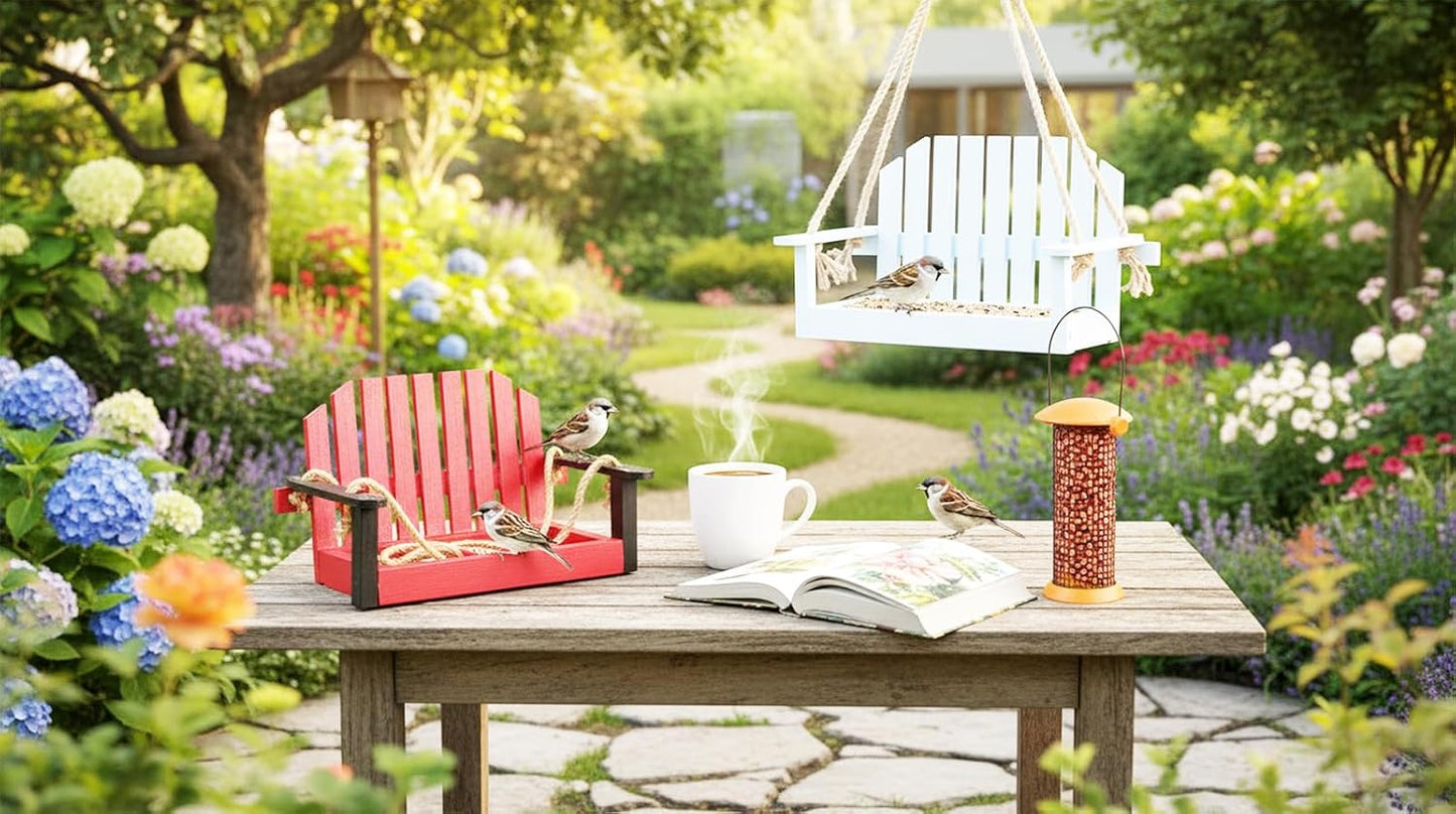 2pk Swing Bird Feeder, Squirrel-Proof Metal Mesh Tray with Bench Design, High-Capacity Rust-Resistant Hanging Bird Feeder for Porch & Yard Décor – Easy Fill & Clean (White & Red)
