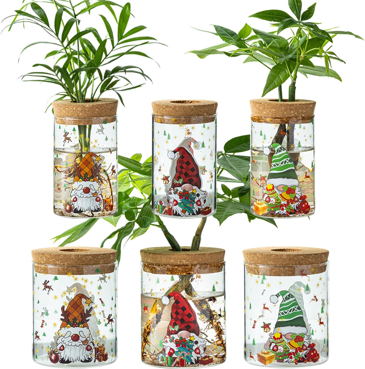 Christmas Vase, Christmas Themed Propagation Stations, Glass Propagation Vases for Plants, Cuttings, Desktop Planter Vase for Home & Office Decor, Set of 6 (3 Large & 3 Small)