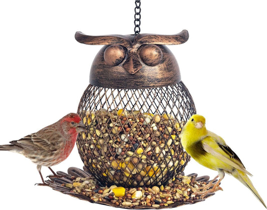 Outdoor Garden Wild Bird Feeder Hanging Bird Feeders, Heavy Duty Copper Metal Mesh Wild Finch Bird Feeder for Outside with Hook for Garden Yard Decor, Owl Shaped