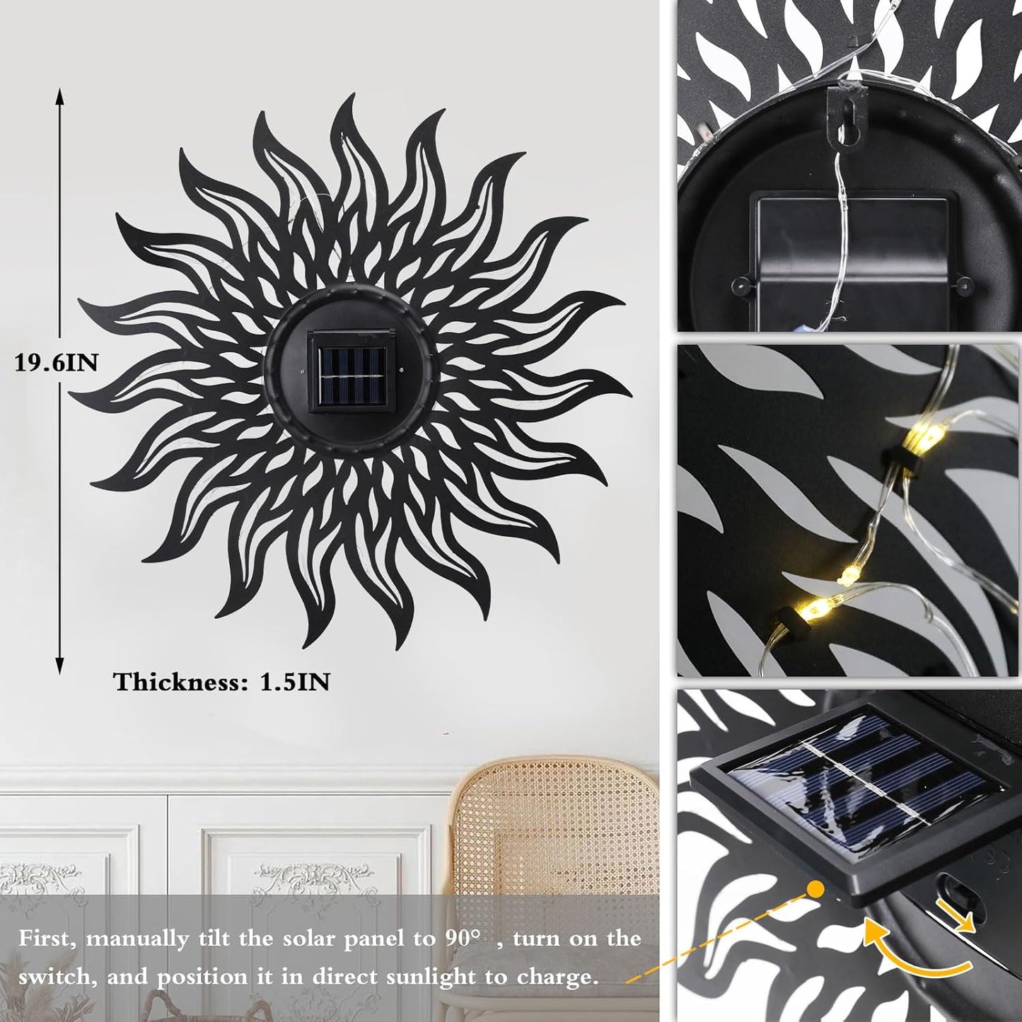 VCUTEKA 20" Sun Metal Wall Art Outdoor Decor Solar Decoration Metal Wa