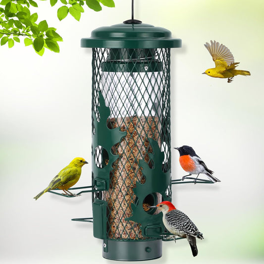 Squirrel Proof Bird Feeder for Outdoors Hanging, Metal Mesh Bird Feeder for Outsides with Gravity Protection for Small Birds, Weatherproof and Durable, Green