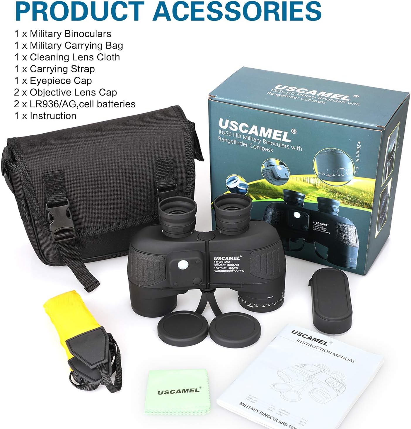 USCAMEL 10x50 Marine Binoculars for Adults, Waterproof Binoculars with Rangefinder Compass BAK4 Prism FMC Lens Fogproof for Navigation Birdwatching Hunting