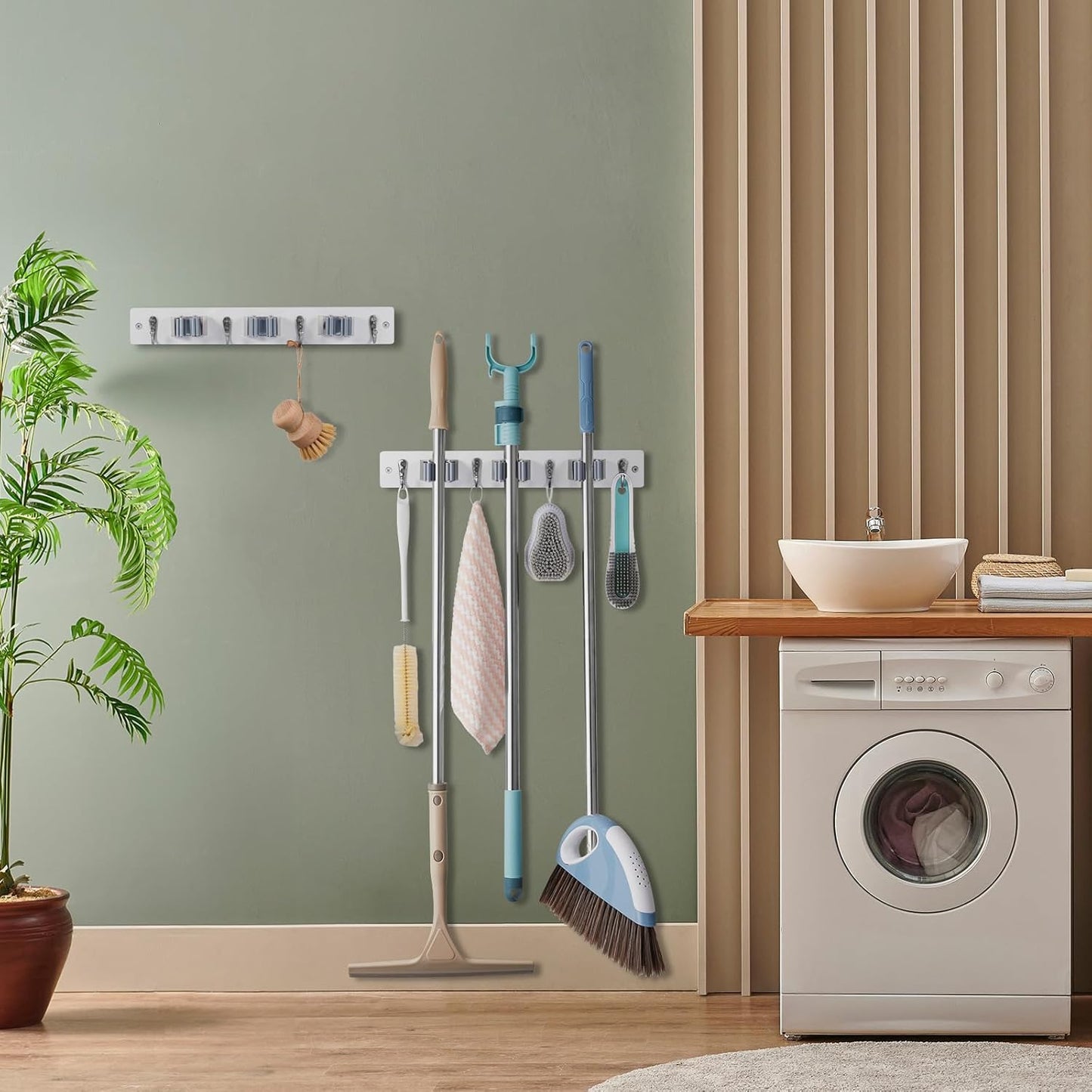 2 Pack White Mop Broom Holder Wall Mount with 3 Slots & 4 Hooks - Rust