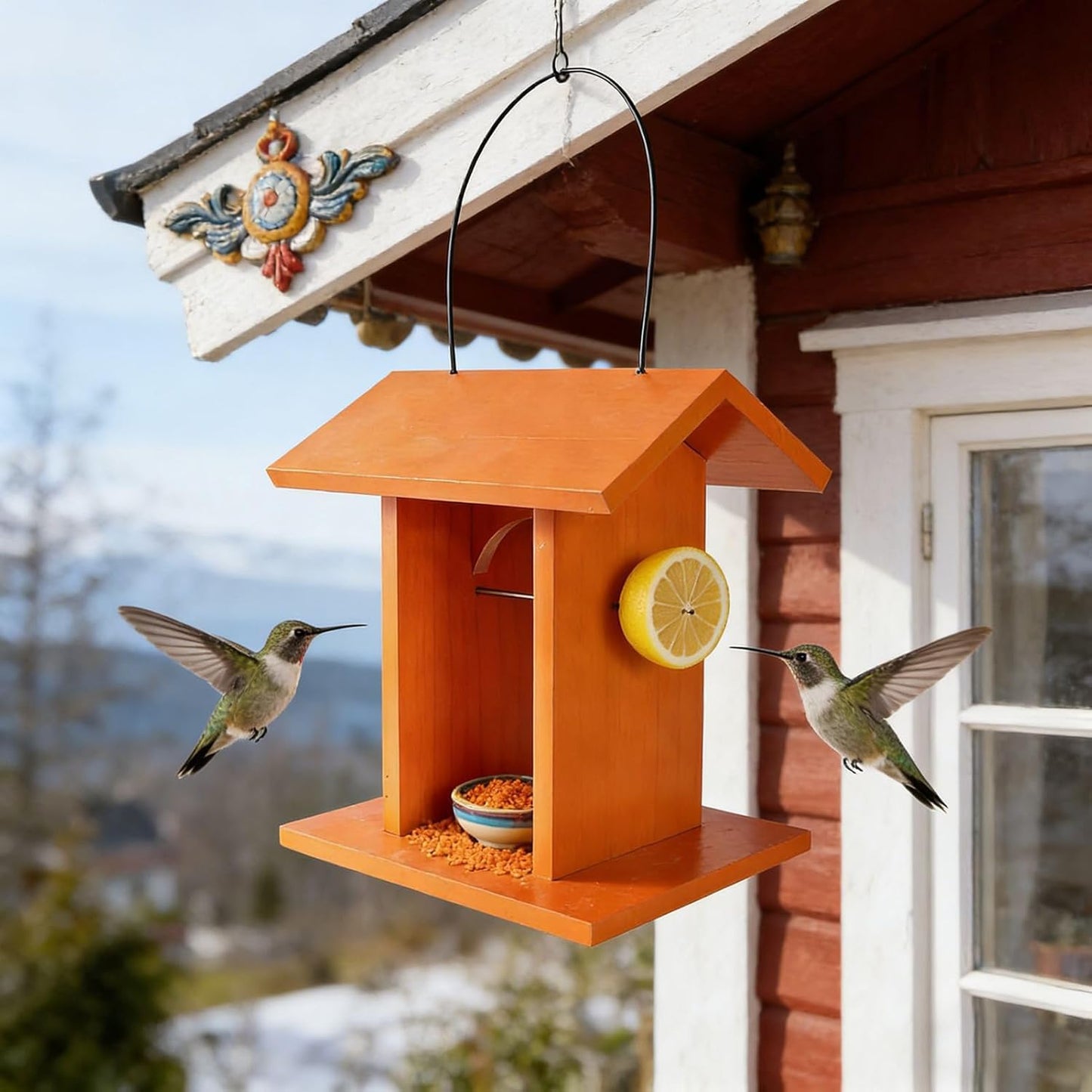 Bird Feeder House, Mounted Wooden Food Station with Roof, Wild Bird Feeders, for Finches Hummingbirds Outdoor Viewing Yard Balcony Garden Decor, Durable Hanging and Standing Feeder for Wildlife