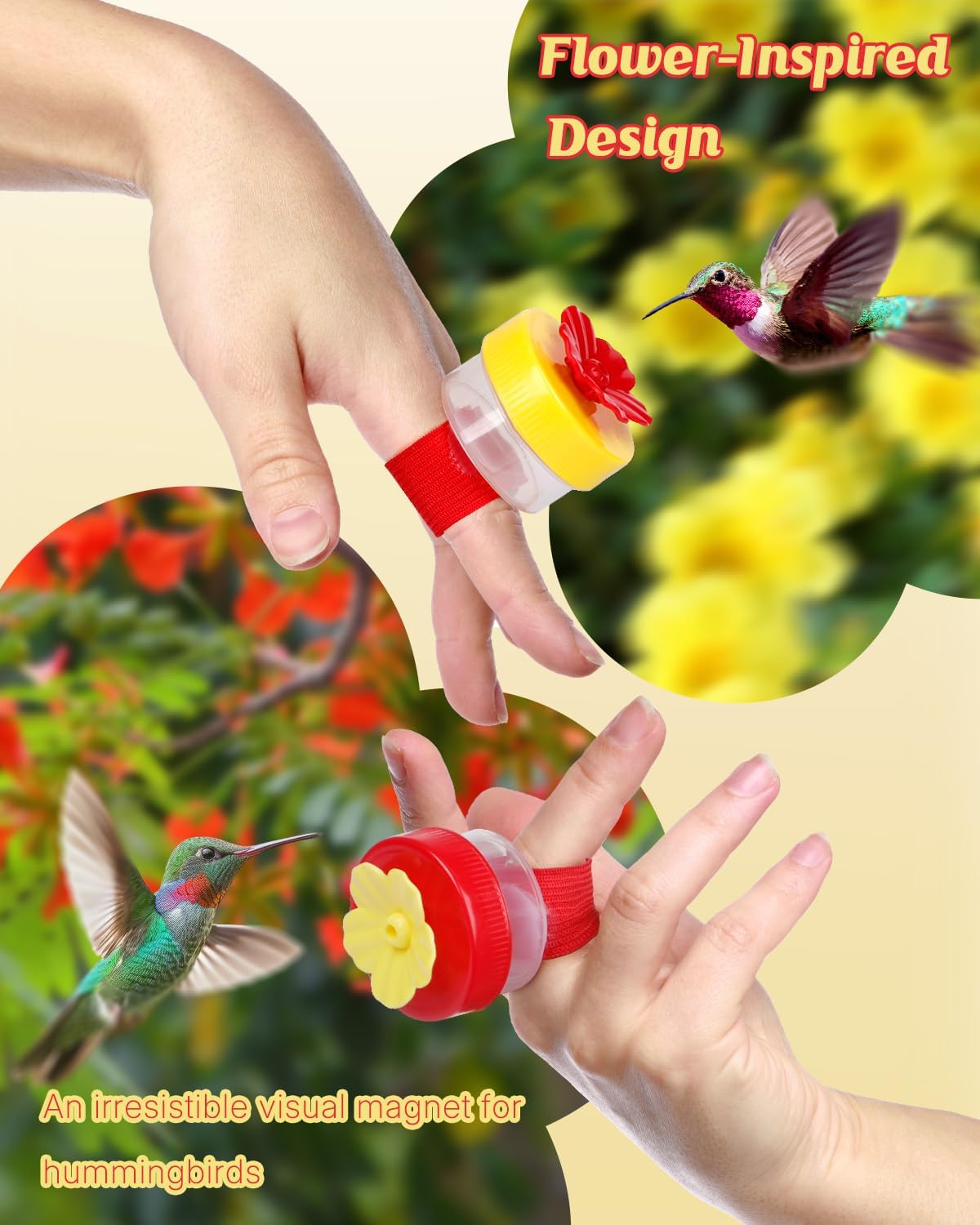Pawfly 4 Pcs Hand Held Hummingbird Feeders with Cleaning Brushes, Mini Flower Handheld Hummingbird Feeders for Outdoors, Plastic Hummingbird Ring Feeders, Hummingbird Hand Feeders, Wild Bird Feeders