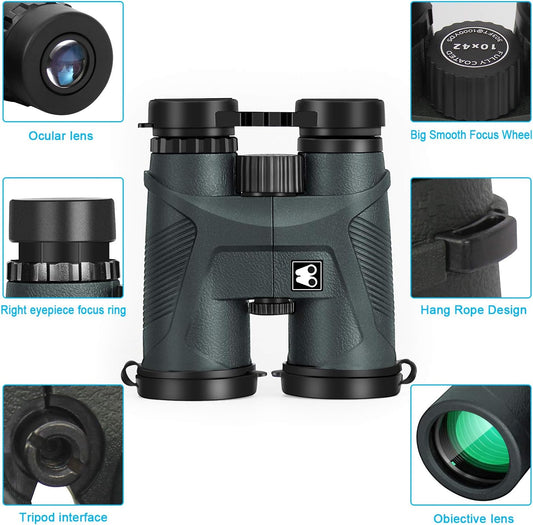 10x42 Binoculars for Adults with Smartphone Adapter, BAK4 Prism and FMC Lens, HD Professional Binoculars for Bird Watching Travel Hunting Wildlife Watching Outdoor Concerts Sports