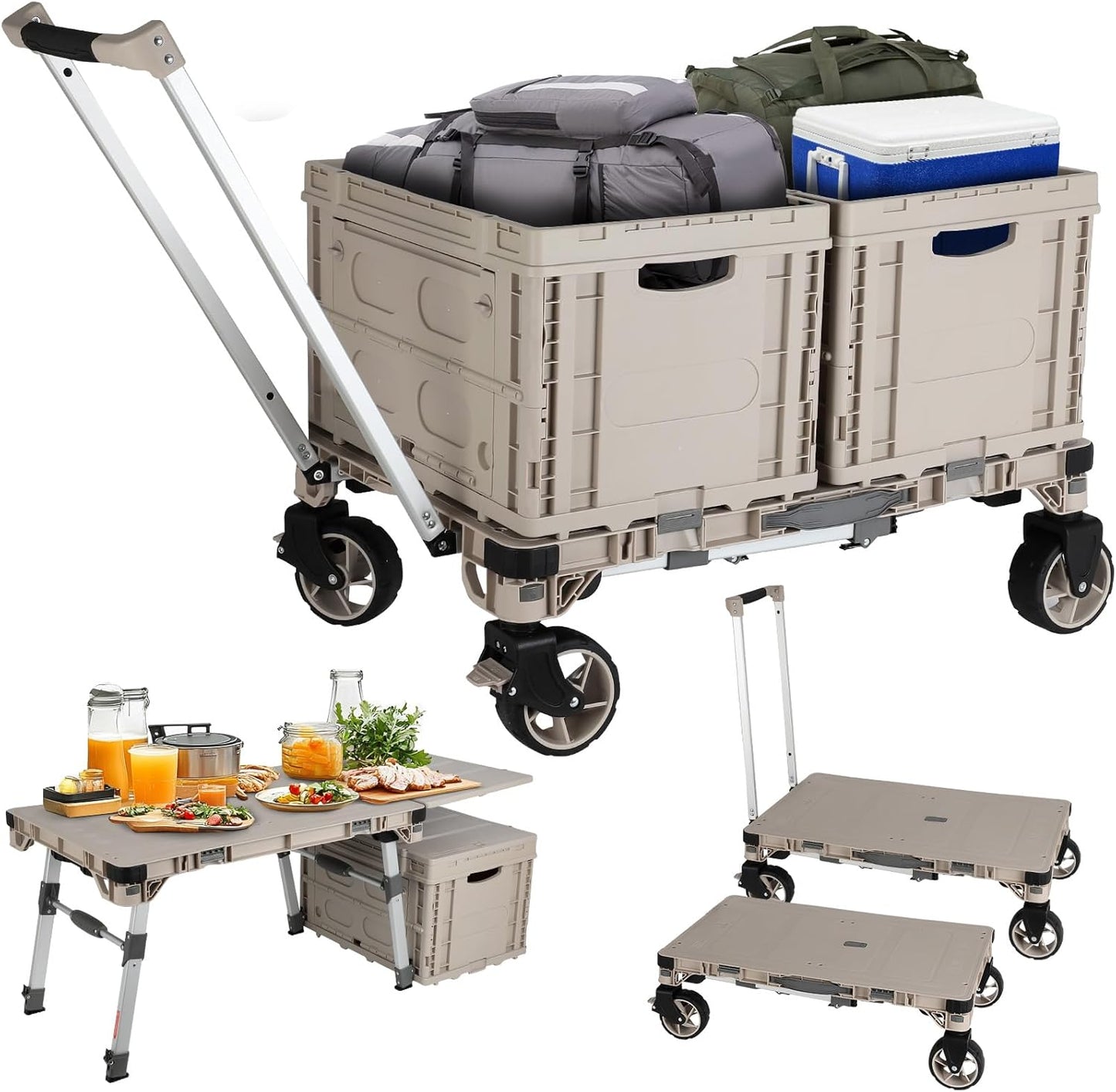 Foldable Camping Table Cart,3-in-1 Convertible Utility Wagon with 2 Lockable Storage Boxes, 360° Rotating Wheels & Adjustable Legs for Outdoor Camping, Travel & Hiking
