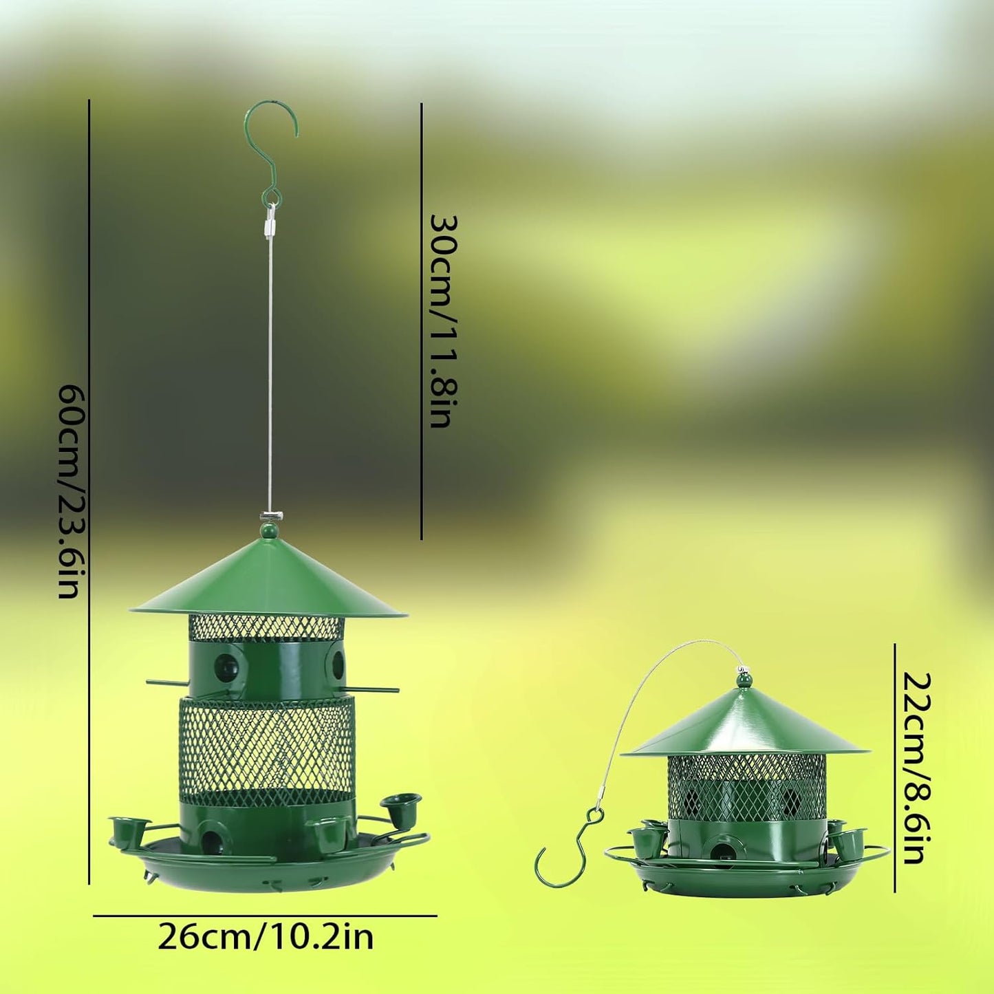 Outdoor Hanging Bird Feeder Metal Construction, Sturdy and Durable Large-Capacity Bird Feeder with Water Cup All-Season Outdoor Wild Bird Feeder Green Color (Green)