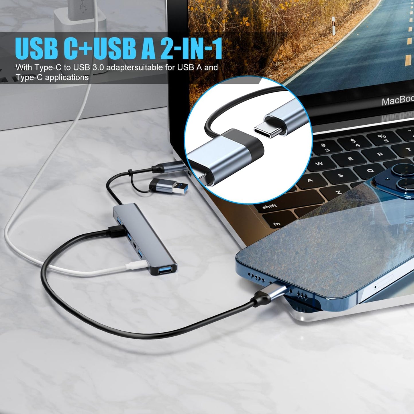 【Upgrade】 USB C/USB Hub, BERLAT Aluminum 7 in 1 USB C & USB Hub with U