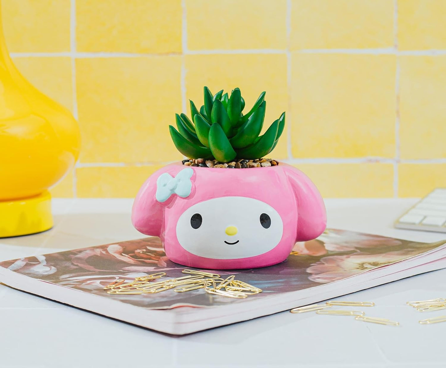 Toynk Sanrio My Melody 3-Inch Sculpted Ceramic Mini Planter with Artificial Succulent | Cute Flower Pot, Faux Indoor Plants