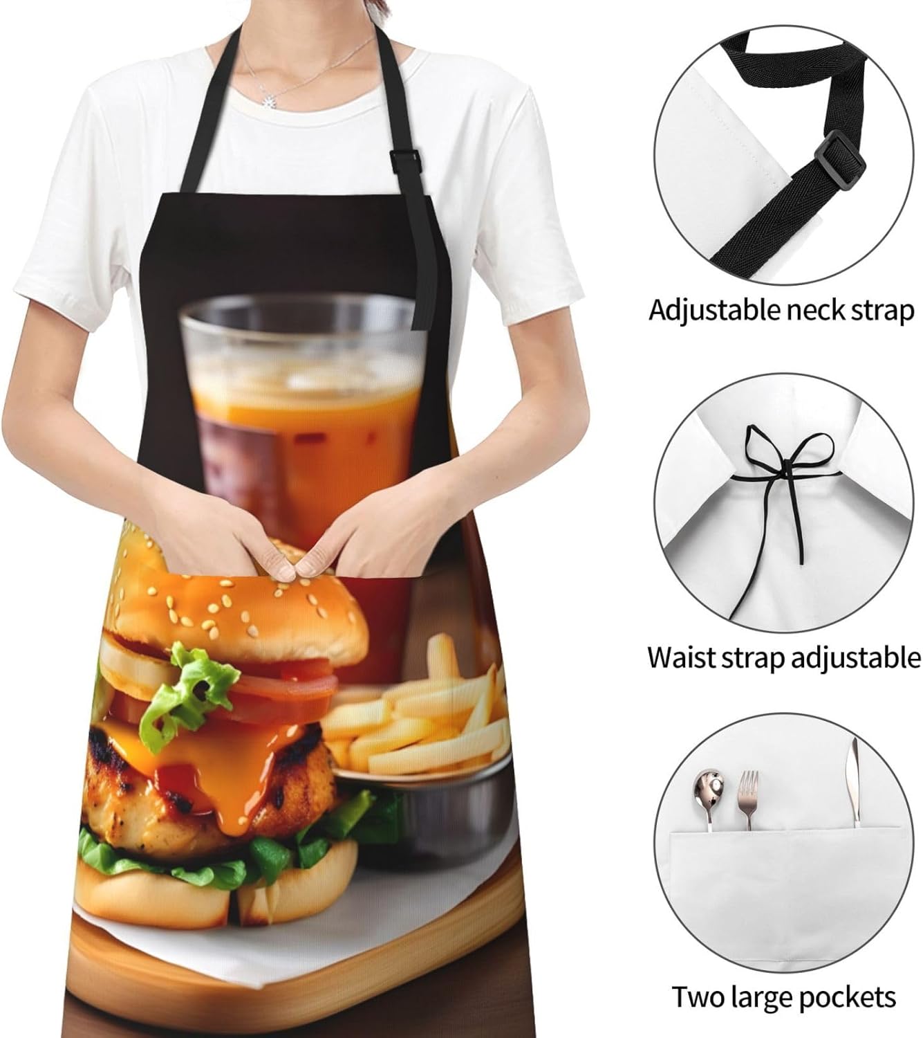 Chicken leg burger drink print Waterproof chef's apron with pocket apron for kitchen cooking baking barbecue and gardening