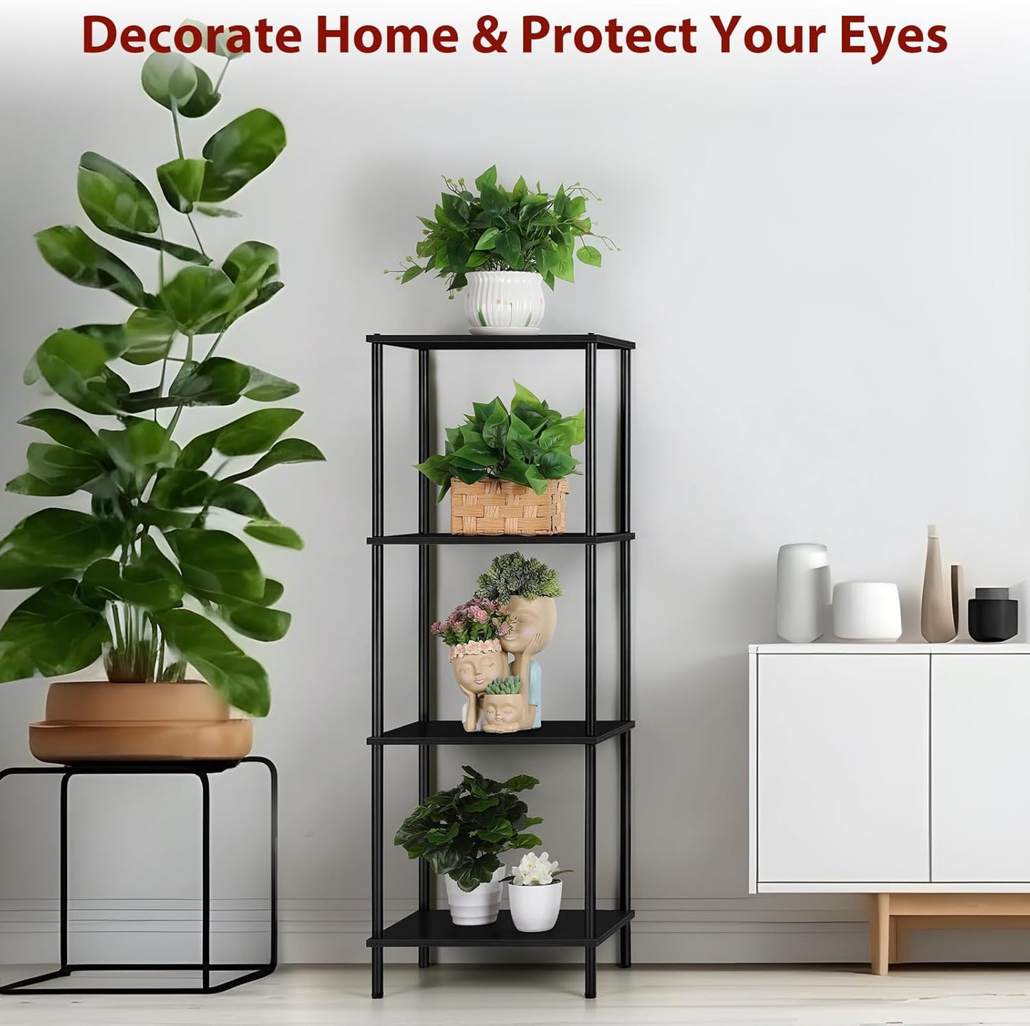 Narrow End Table Tall Black Side Table 4 Tier Wooden Metal Modern Plant Flower Display Stand Rack with Storage for Living Room Bedroom Bathroom