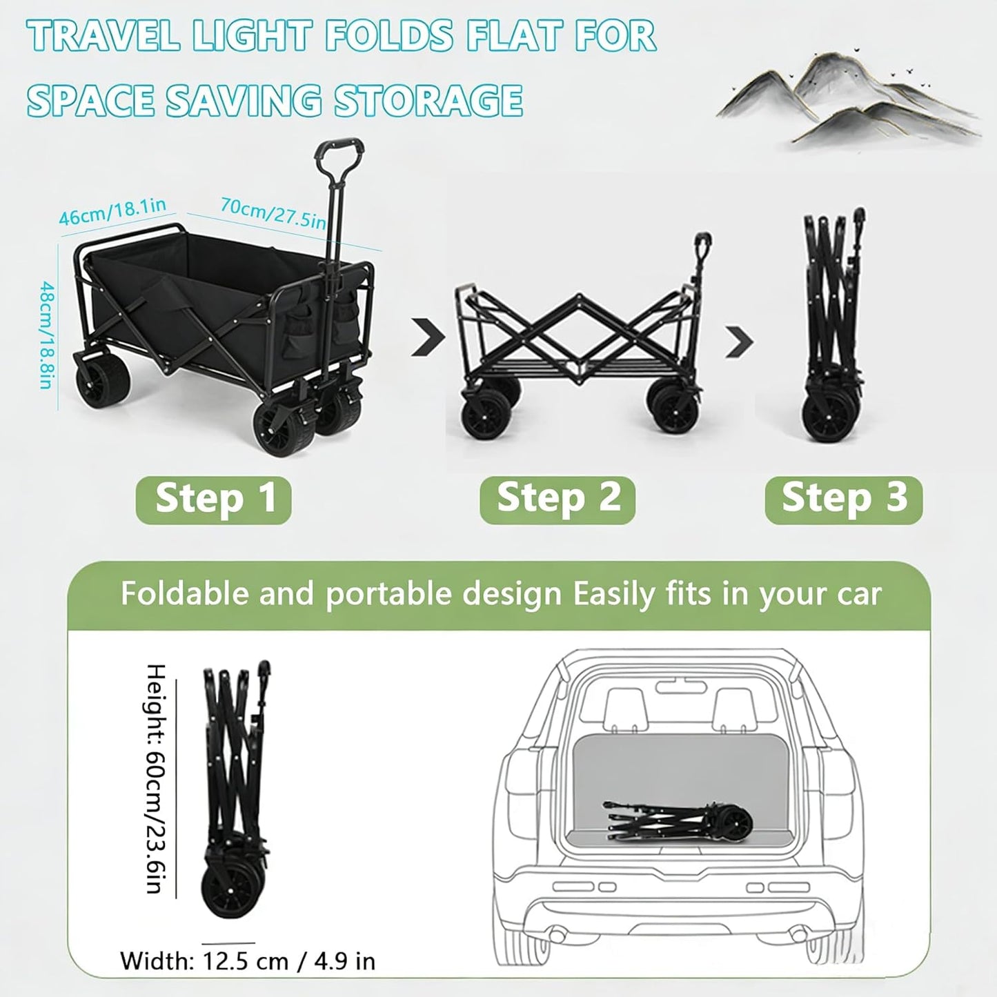 SNZ Heavy-Duty Collapsible Wagon Cart - 120L Capacity, 220lbs Capacity, 360° All-Terrain Wheels, Foldable Utility Cart for Camping, Beach, Garden, Grocery Shopping & Outdoor (Without Table Top)