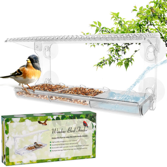 Large Window Bird Feeder with Removable Seed & Water Tray, for Wild Birds with Super Strong Sticker Hooks +Suction Cup Plus +Tweezer, Unbreakable Transparent Acrylic Weatherproof