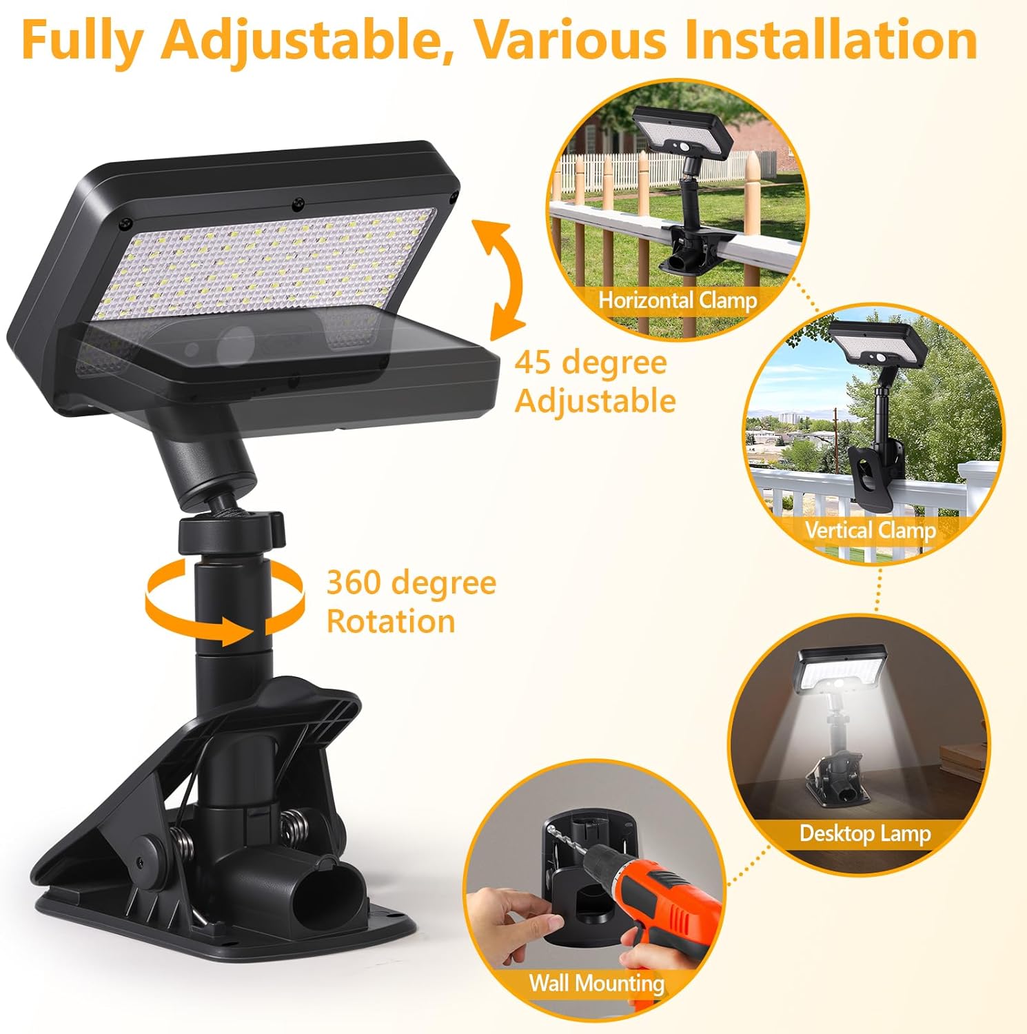Clip On Solar Lights Outdoor with Motion Sensor, 360°Rotatable & Verti