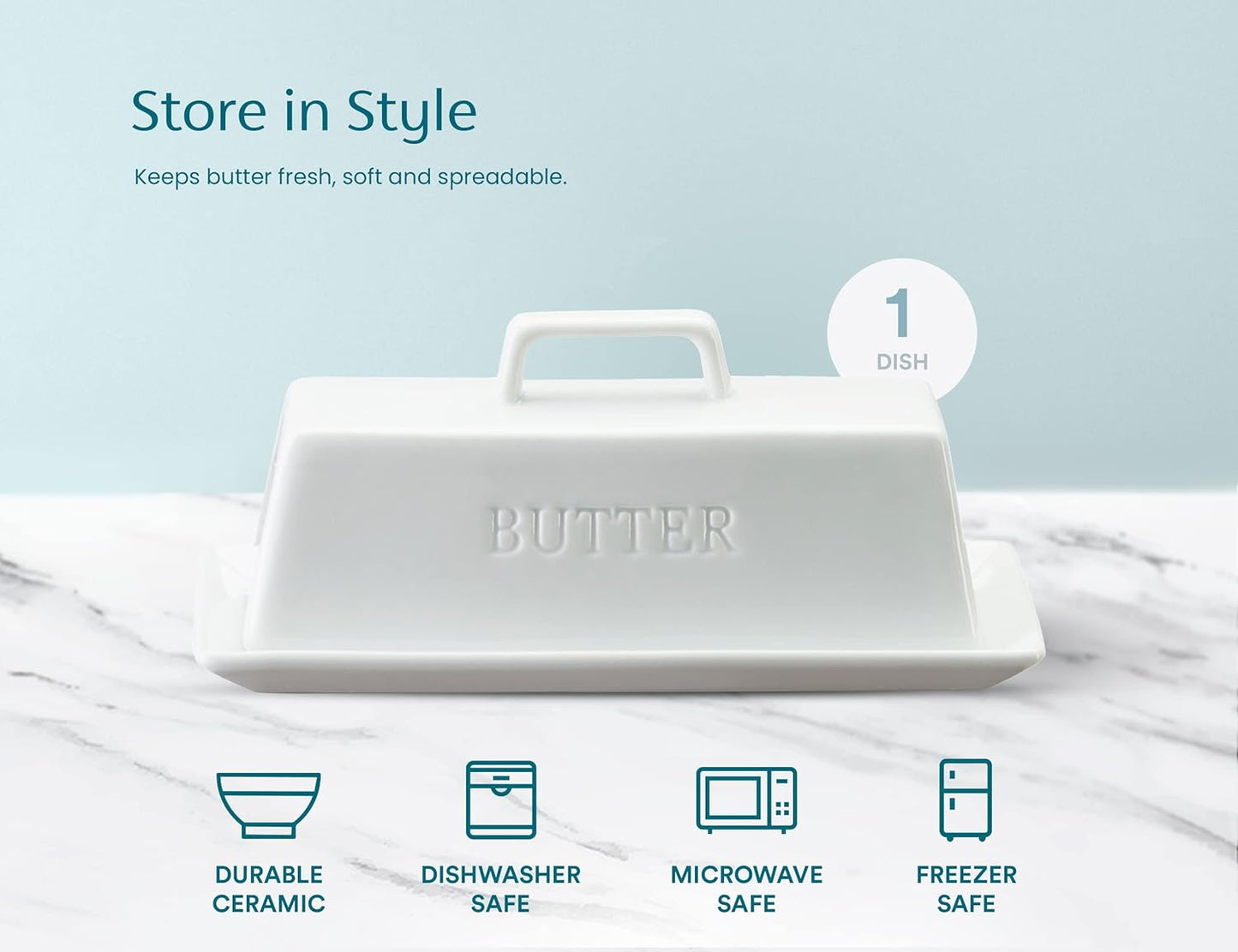 Butter Dish with Lid for Countertop, by Kook, Ceramic Dish Tray with Cover, Kitchen Keeper, Container, Holder (White)