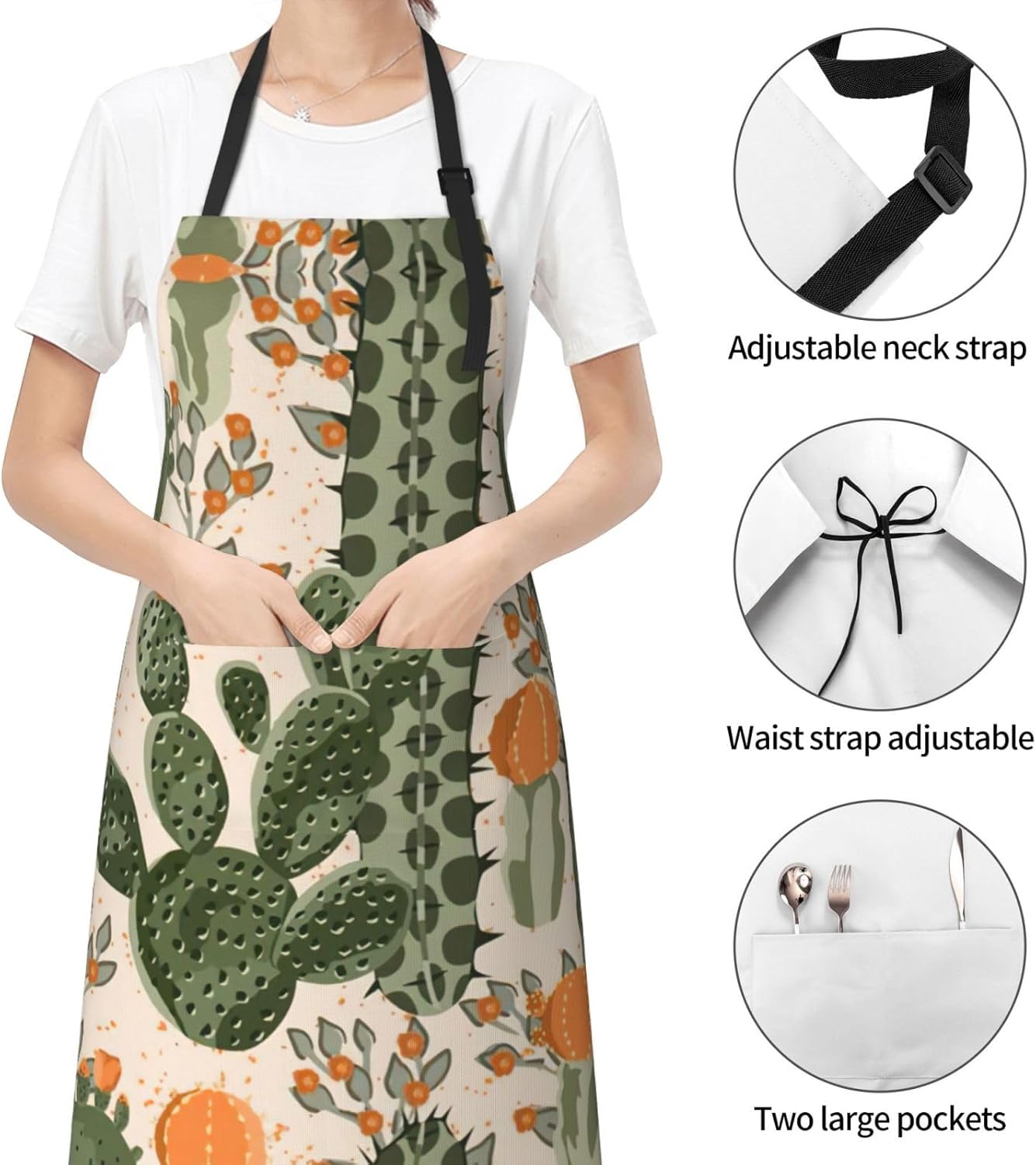 Green Cactus Print Laundry apron 28x33 In Waterproof Kitchen Apron with Pockets for Cooking Baking
