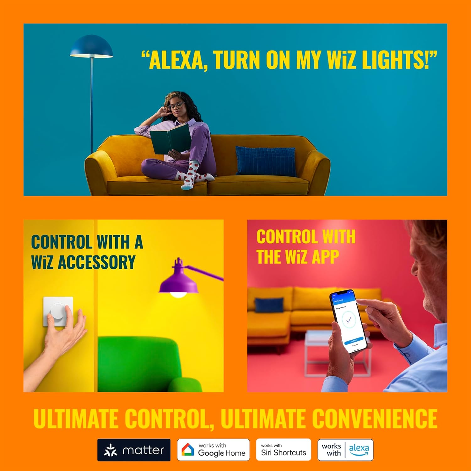 WiZ Connected LED 스마트 전구, 일몰에서 일출 자동화 + 모션 감지 + 음성 또는 앱으로 제어, 풀 컬러 A19