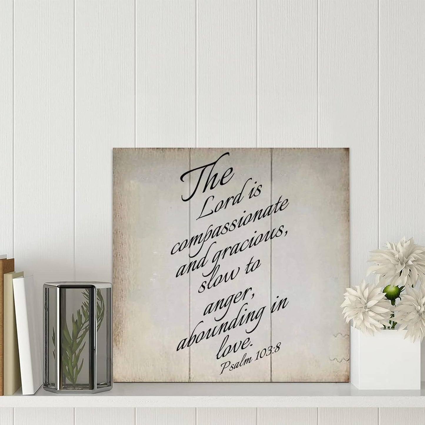 LITTLEGROVE SEEDS Rustic Bible Verse Wood Signs The Lord Is Compassionate And Gracious Psalm 103:8 Sign Farmhouse Family Wall Art Rustic Wall Decor for Home Man Cave Gate Garden Bars Cafes 12x12in