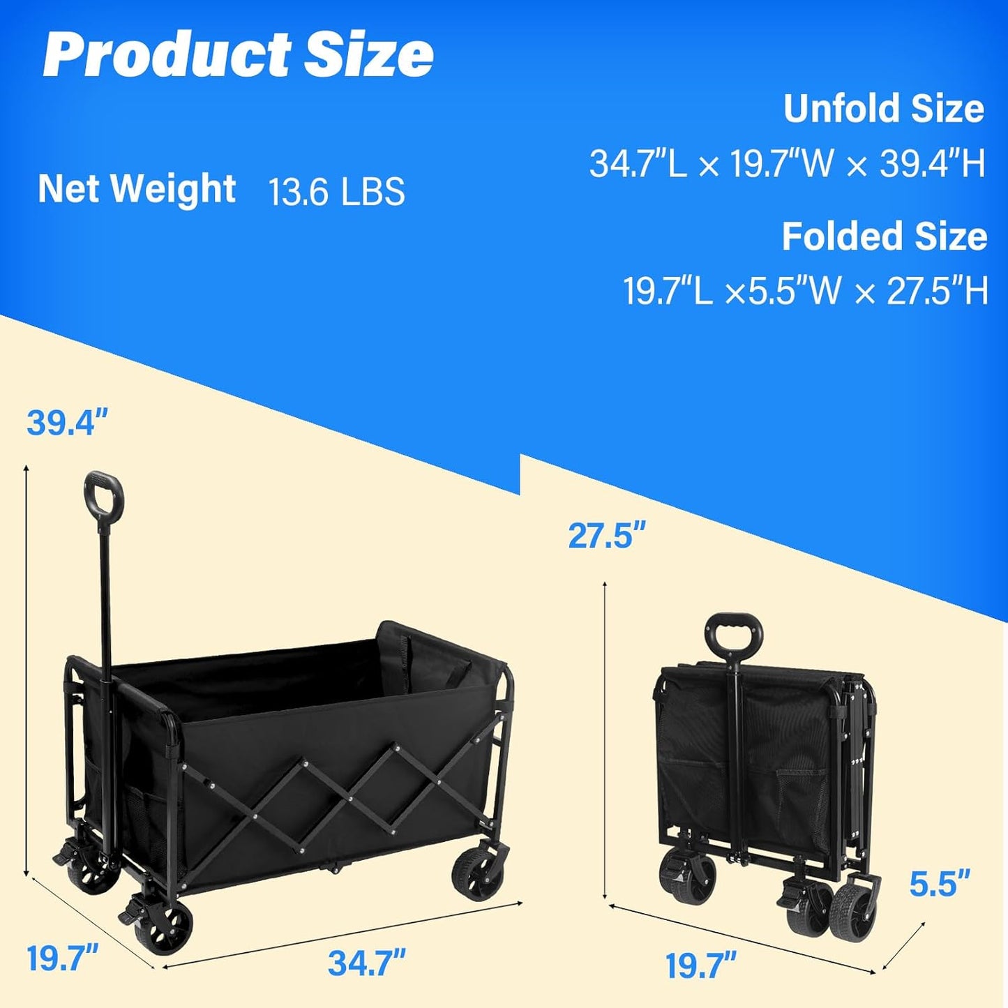 Large Folding Wagon Cart Heavy Duty, Collapsible Utility Wagon with Large Capacity and Adjustable Handle, Portable Outdoor Wagon for Camping, Sports, Beach, Gardening, Shopping and Tailgate