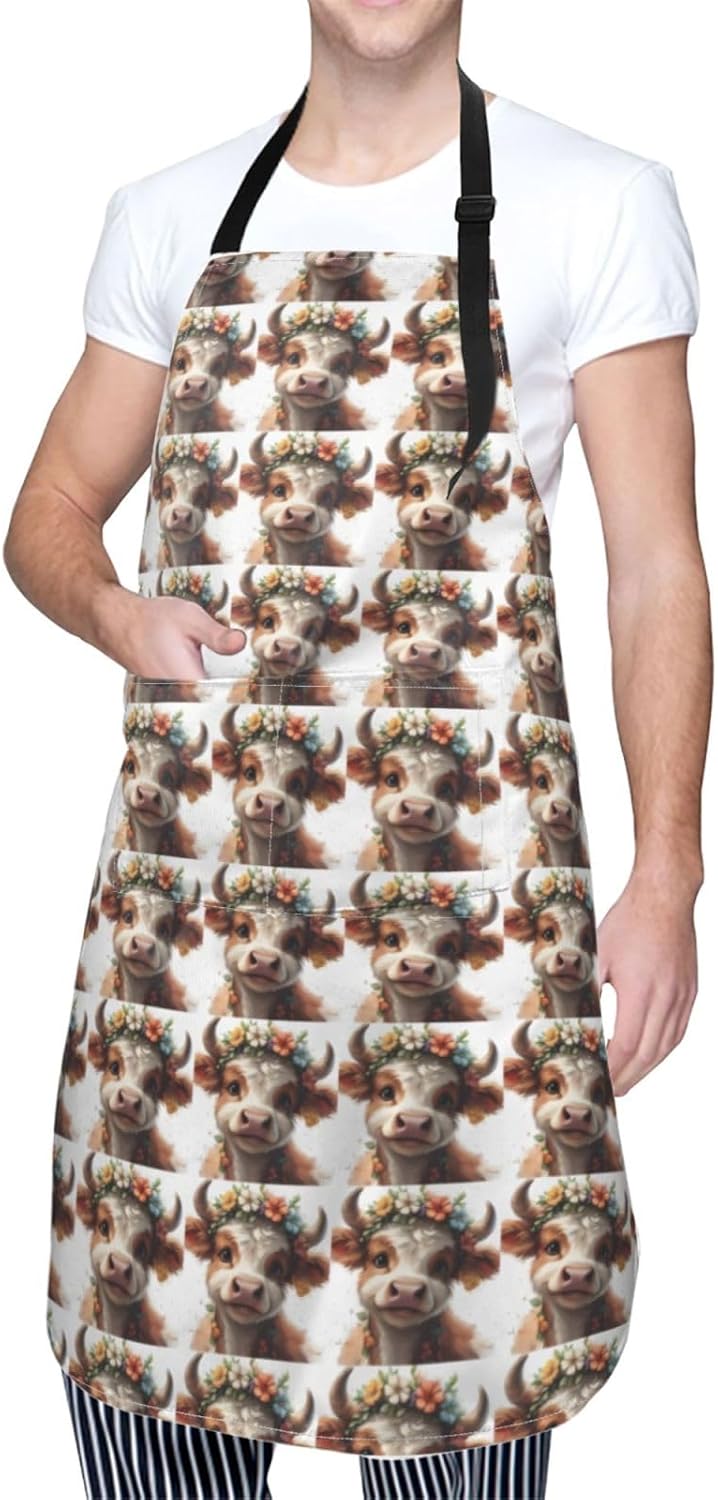 YANYU Animal cow Print 28x33 In Kitchen Apron Stylish Chef Apron with Pockets for Cooking Baking Painting