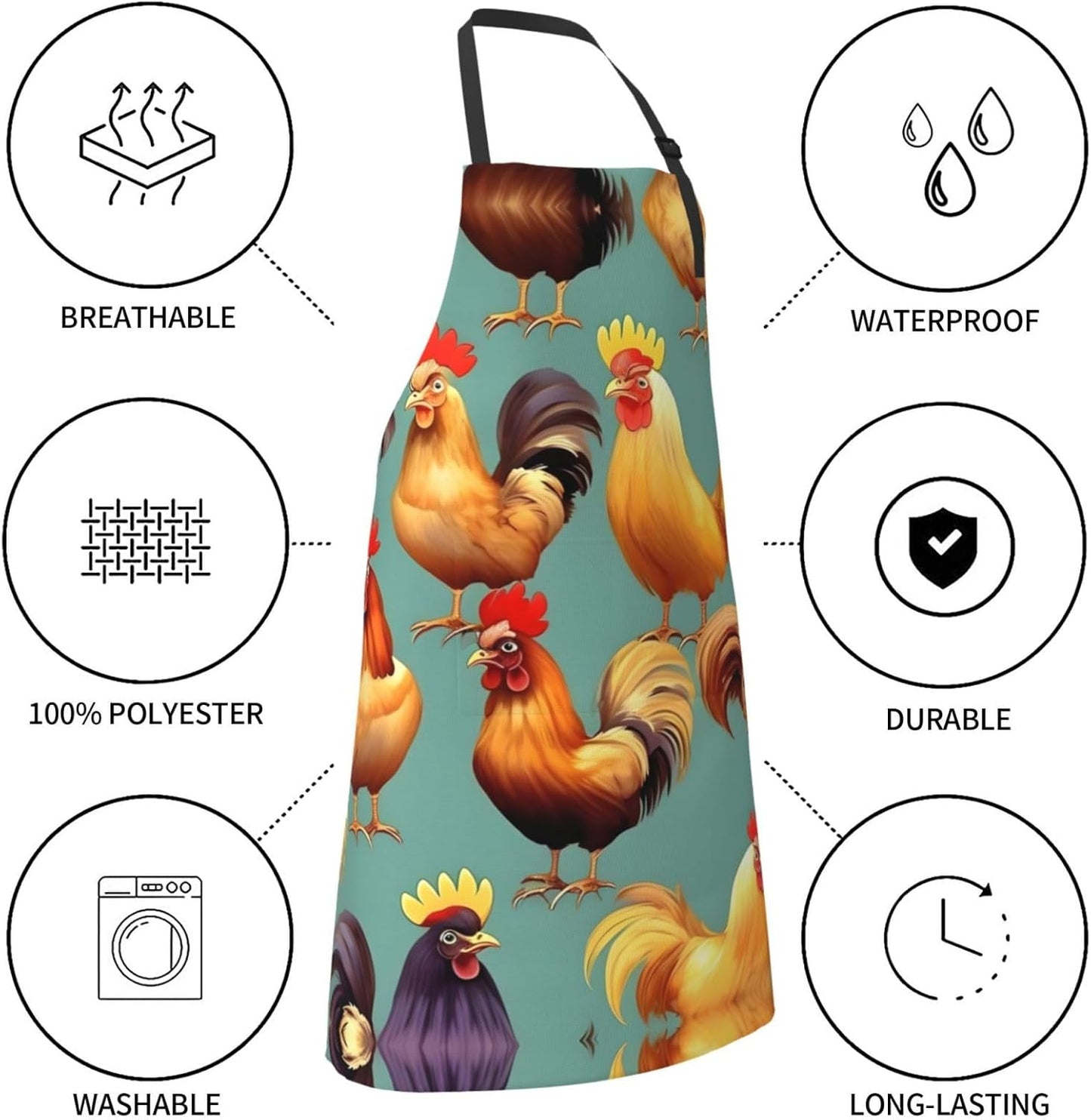 Cute Rooster Chickens Print Laundry apron 28x33 In Waterproof Kitchen Apron with Pockets for Cooking Baking