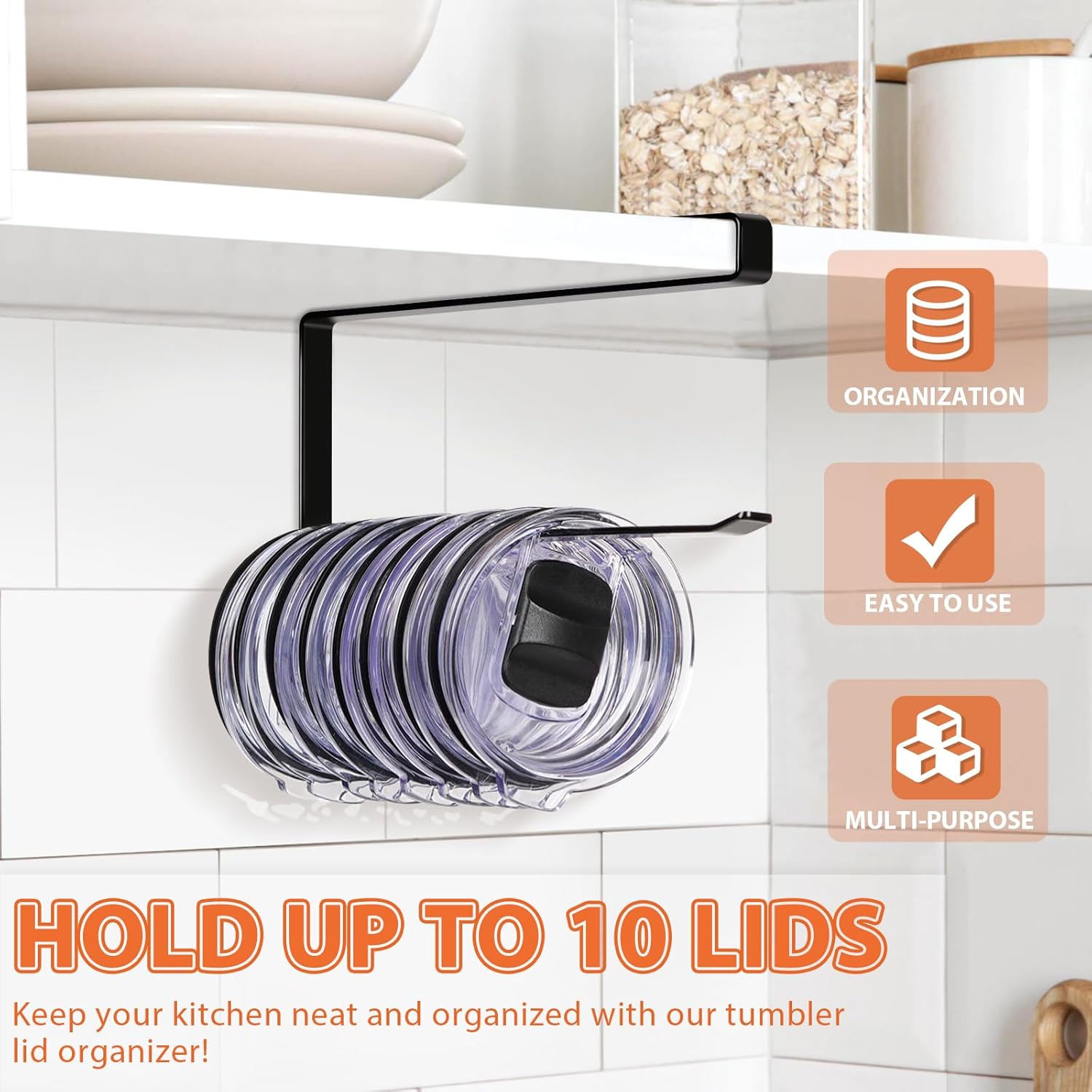 Tumbler Lid Organizer, Horizontal Tumbler Lid Storage Hook Up to 10 Li