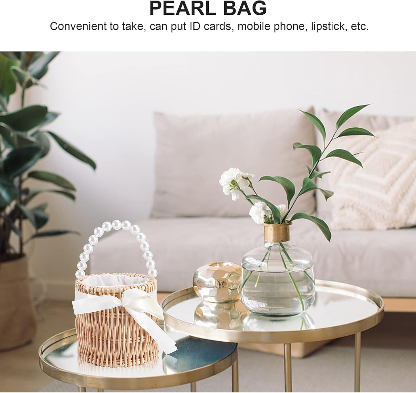 Wicker Flower Basket Rattan Flower Girl Basket Straw Basket Picnic Basket Purse Wedding Flower Girl Baskets with Pearl Handle Small Basket with Handle for Candy Garden Home