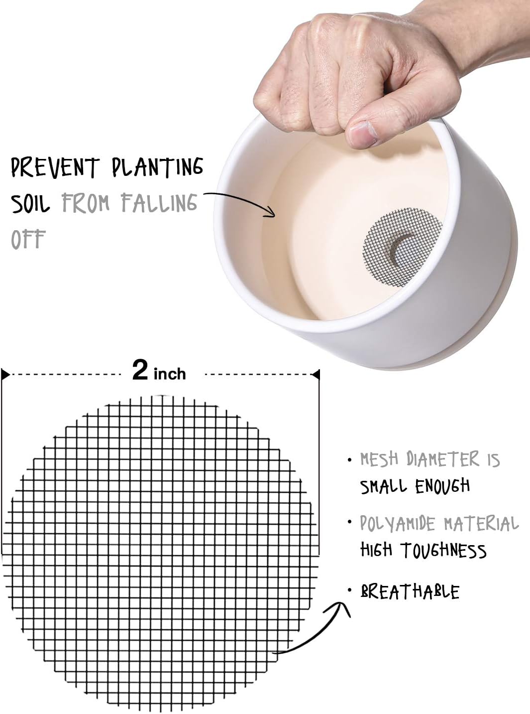 LE TAUCI Plant Pot Hole Mesh Pads, 2-Inch Round Flower Pot Drainage Covers, Prevent Soil Loss, Durable Reusable, Bonsai Bottom Grid Mat, Gardening Essentials, 50-Pack