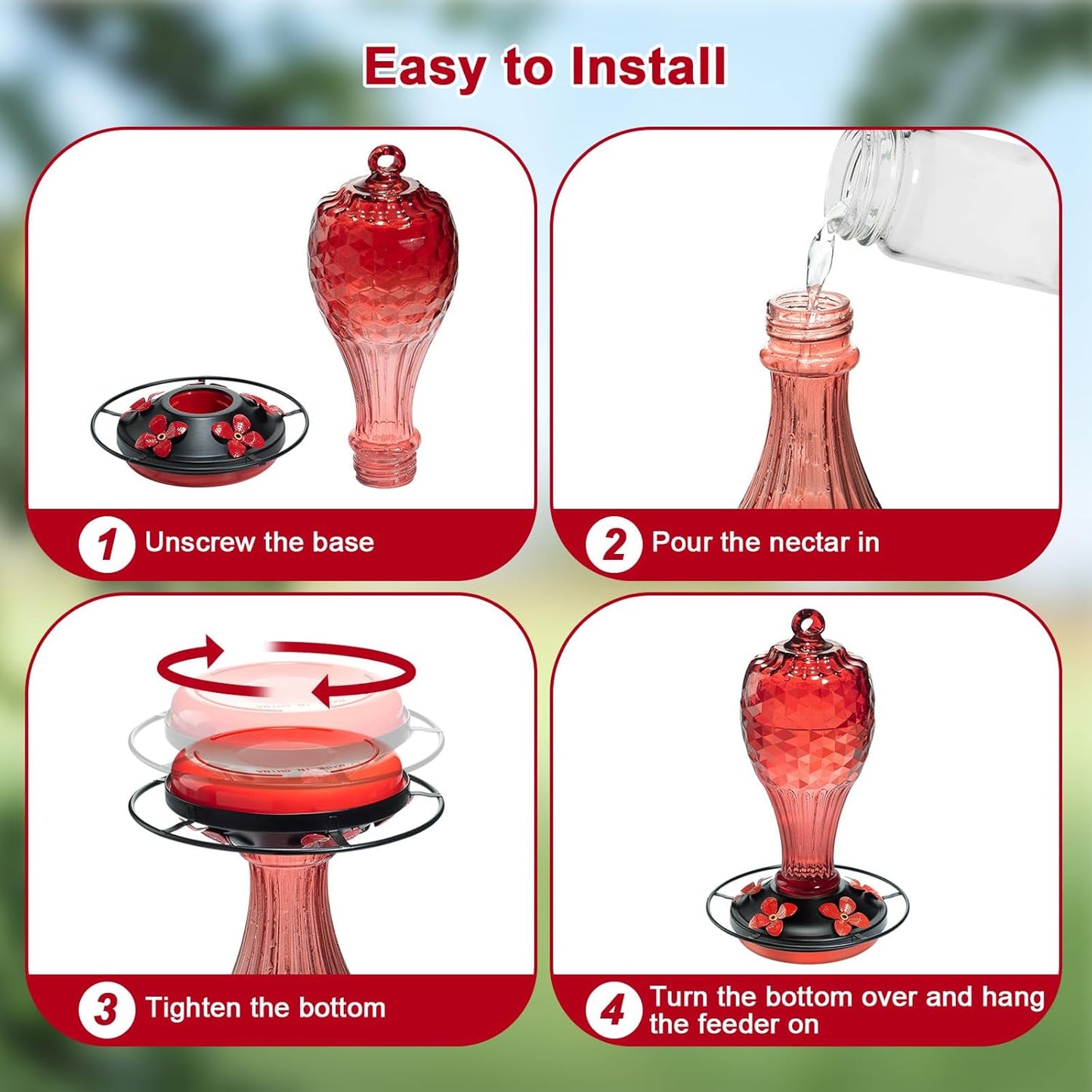 20 OZ Glass Hummingbird Feeders for Outdoors Hanging - Hand-Blown Vibrant Red Reflective Fish-Scale Design - Attracts More Hummingbirds - Leak-Proof Silicone Seal & Ant Moat - Gift for Mom