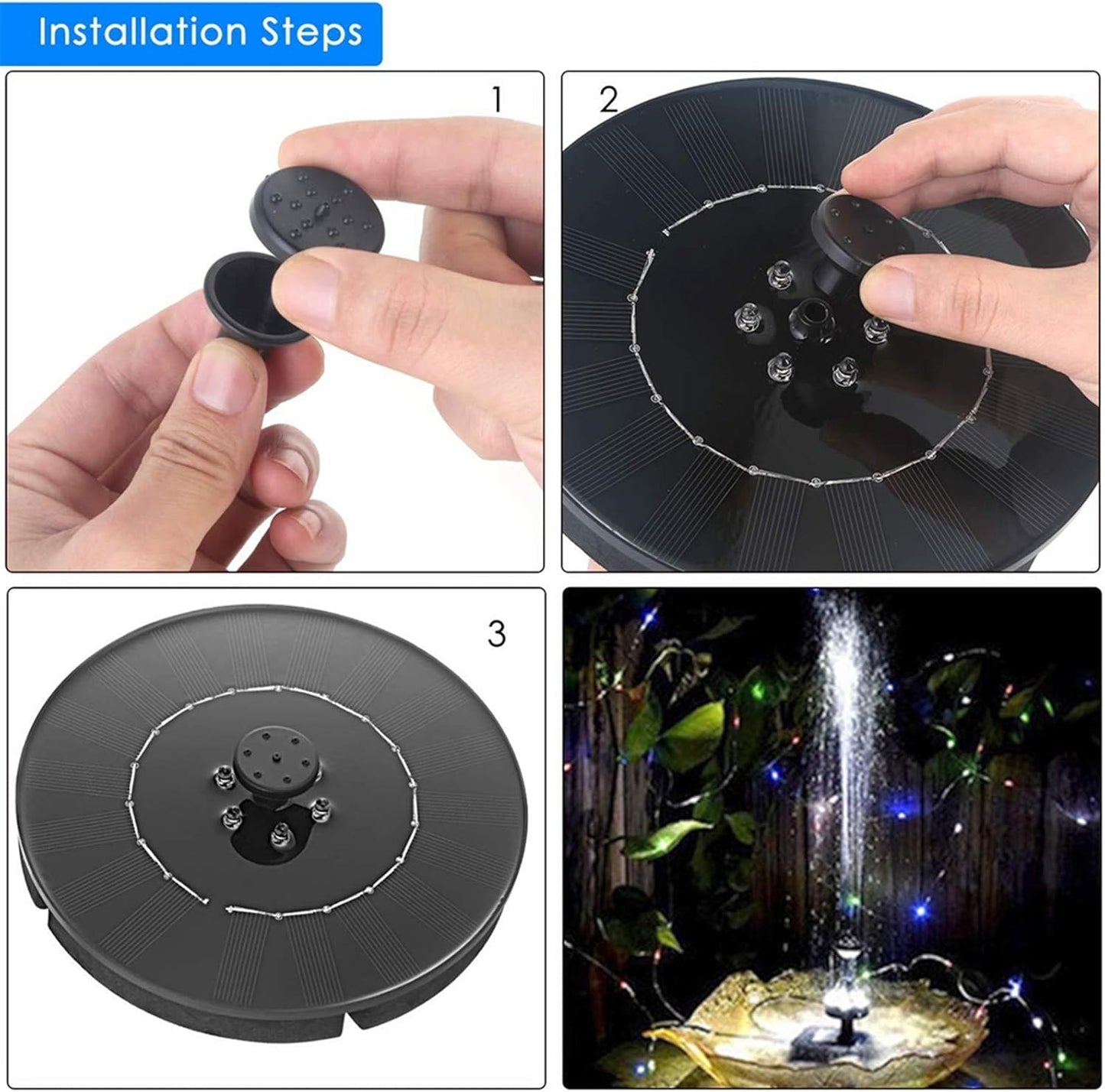 Solar Water Pump, Electricity Storage Fountain Pump Floating Fountain with LED Light for Bird Bath Fishtank Pond Water Panel Garden Pool