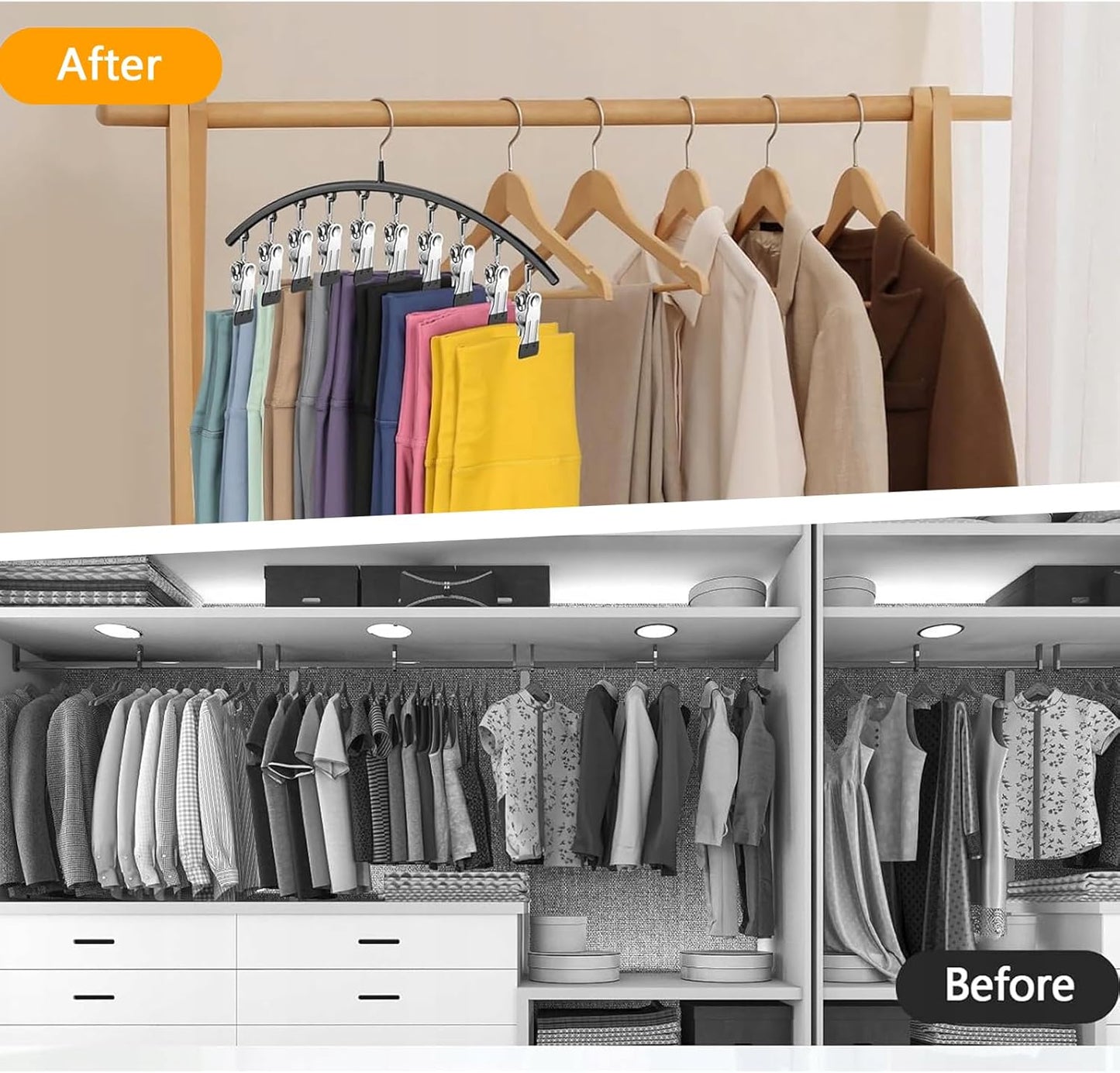 Legging Hangers for Closet Organizer, Hat Hangers for Closet 2 Pack with 10 Clips Holds 20 Leggings, Legging Hanger, Pants Storage Organizer Suitable for Socks, Panties, Underwear, Pants