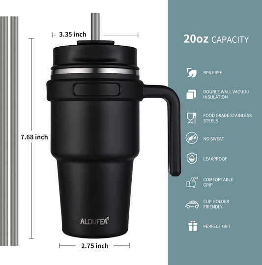 ALOUFEA 20 oz Insulated Coffee Mug Tumbler with Handle, Stainless Steel Travel Mug Tumbler with Lid and Straw,Double Wall Vacuum Leak Proof Ice Coffee Thermal Cup, Black